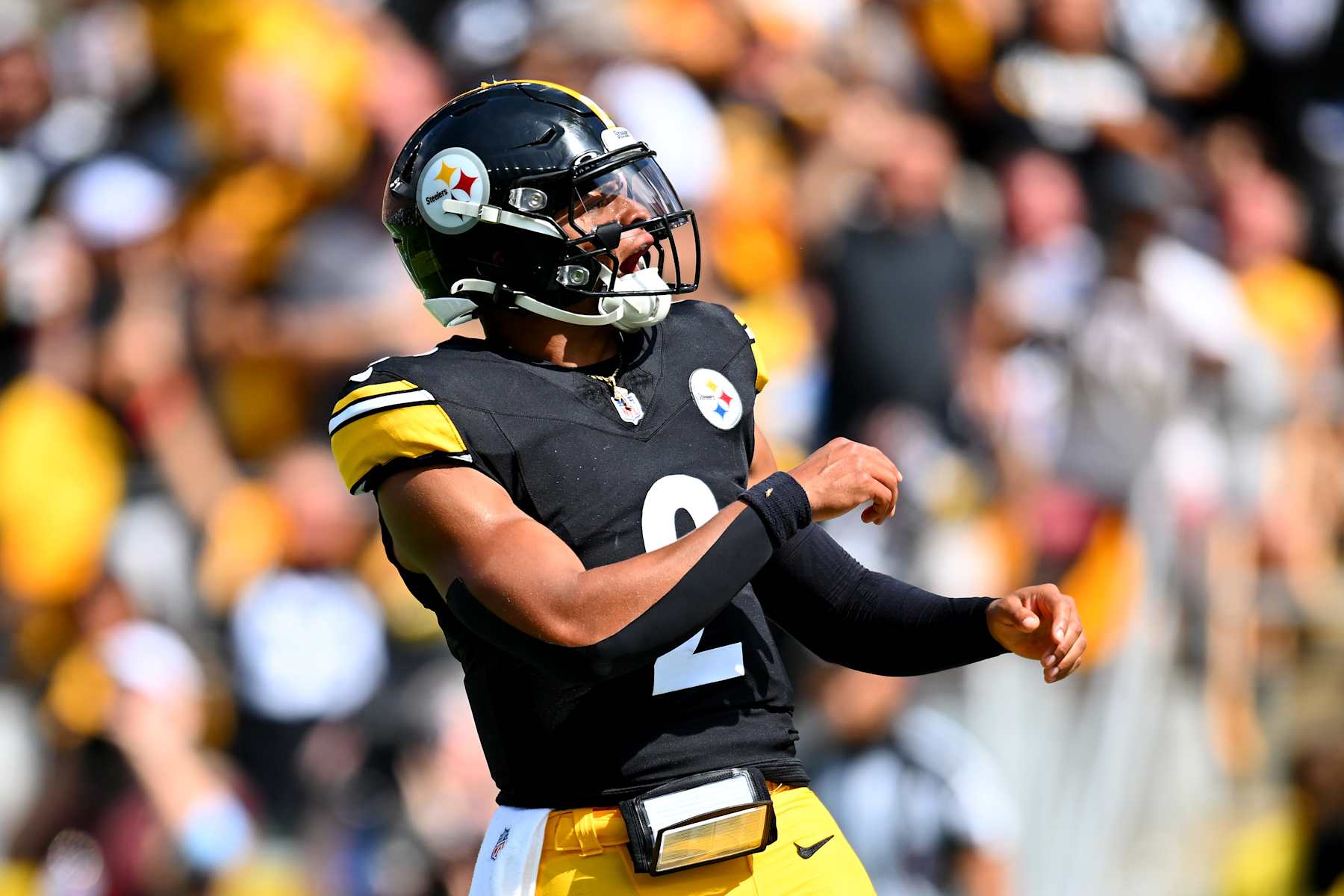 PITTSBURGH, PENNSYLVANIA - SEPTEMBER 22: Quarterback Justin Fields #2 of the Pittsburgh Steelers celebrates after scoring a touchdown against the Los Angeles Chargers during the second quarter of the game at Acrisure Stadium on September 22, 2024 in Pittsburgh, Pennsylvania. (Photo by Joe Sargent/Getty Images)