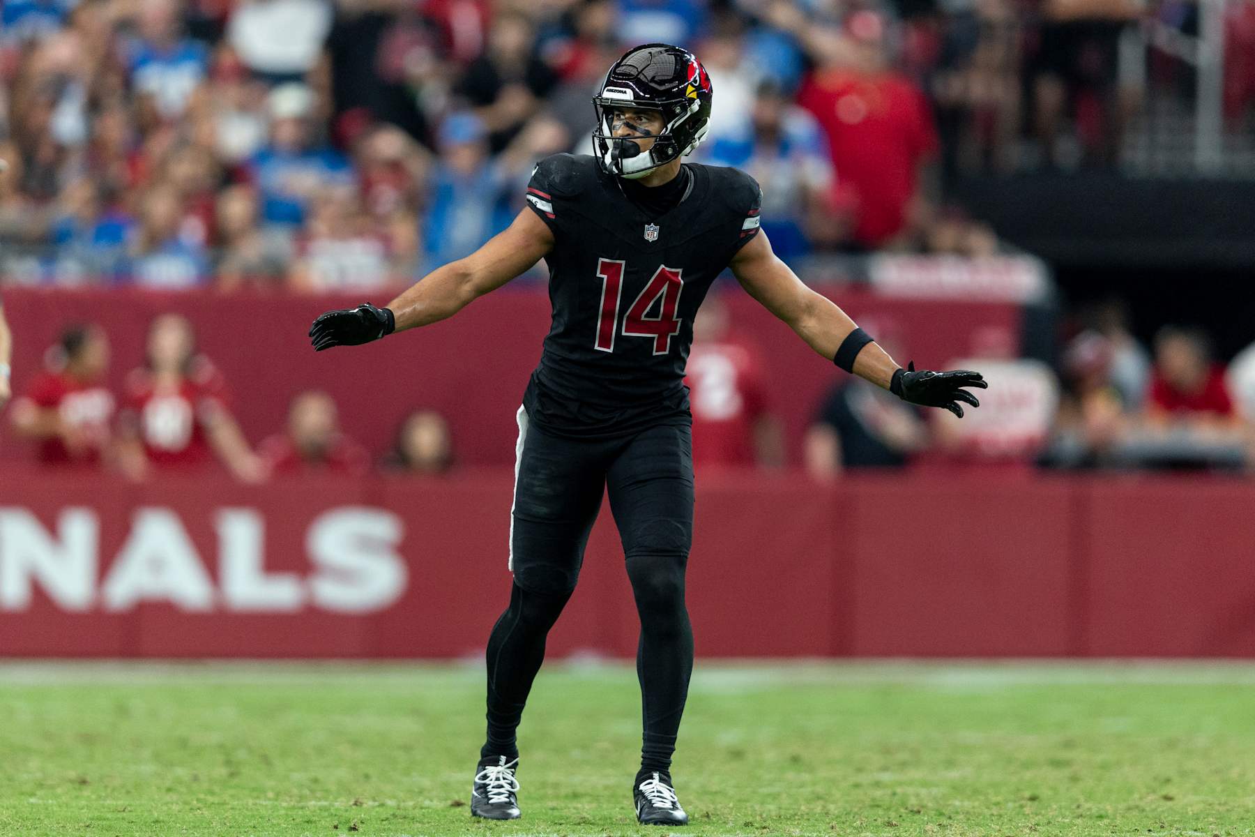 GLENDALE, ARIZONA - SEPTEMBER 22: Michael Wilson #14 of the Arizona Cardinals signals as he lines up during an NFL football game between the Arizona Cardinals and the Detroit Lions at State Farm Stadium on September 22, 2024 in Glendale, Arizona. (Photo by Michael Owens/Getty Images)