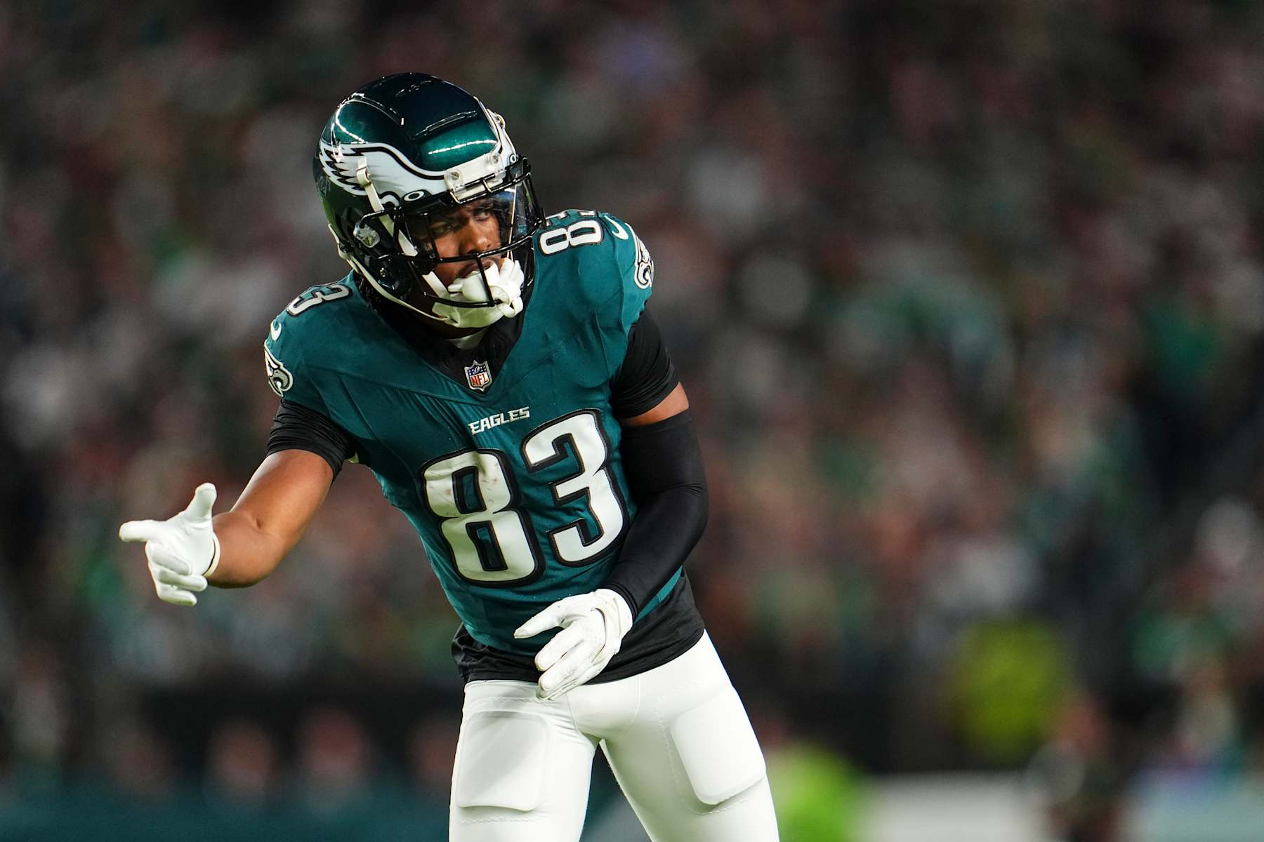 PHILADELPHIA, PA - SEPTEMBER 16: Jahan Dotson #83 of the Philadelphia Eagles lines up before the snap during an NFL football game against the Atlanta Falcons at Lincoln Financial Field on September 16, 2024 in Philadelphia, Pennsylvania. (Photo by Cooper Neill/Getty Images)