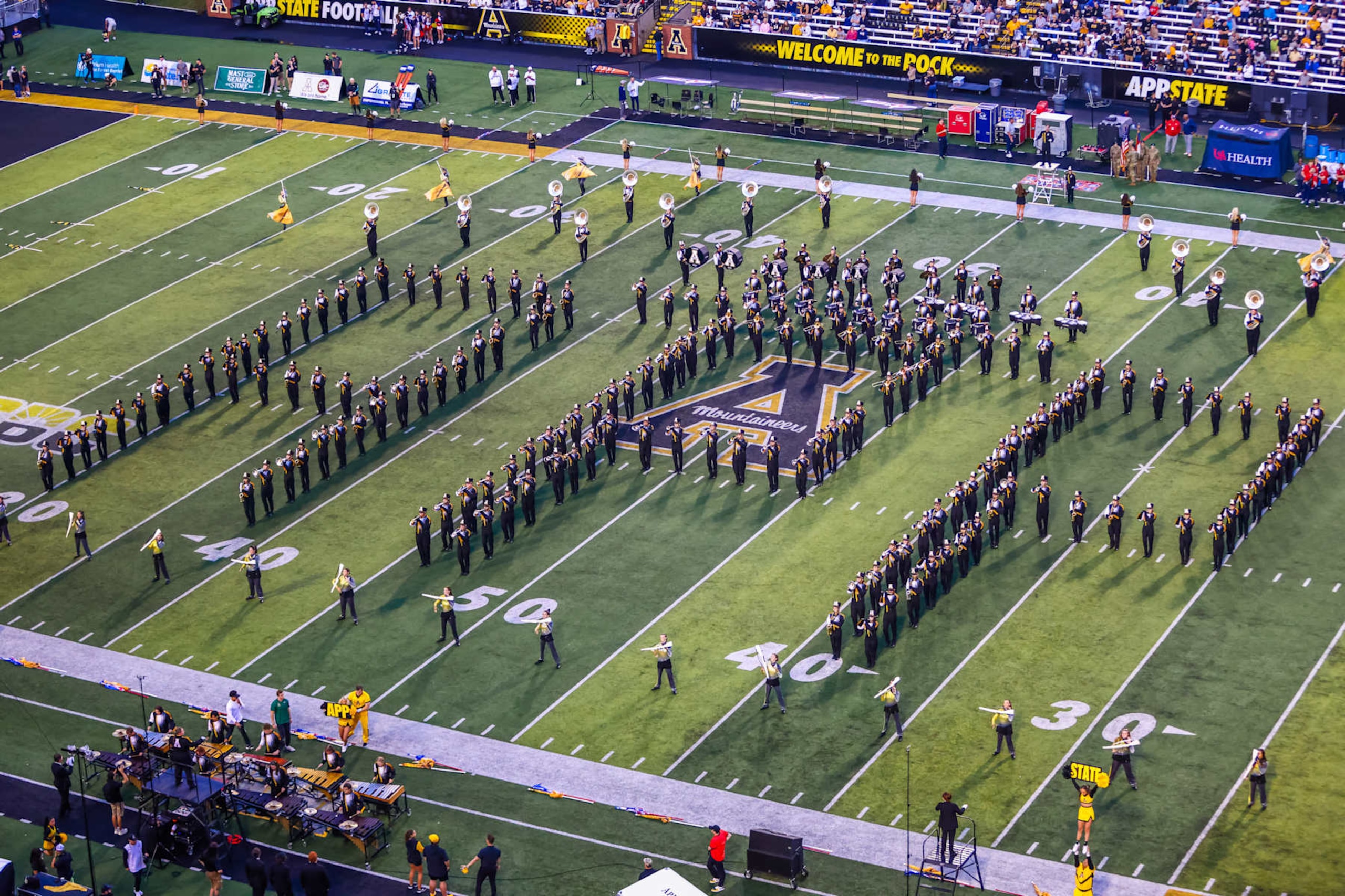 BOONE, NORTH CAROLINA - SEPTEMBER 19: The Appalachian State Mountaineers band performs before a football game between the Appalachian State Mountaineers and the South Alabama Jaguars at Kidd Brewer Stadium on September 19, 2024 in Boone, North Carolina.  (Photo by David Jensen/Getty Images)
