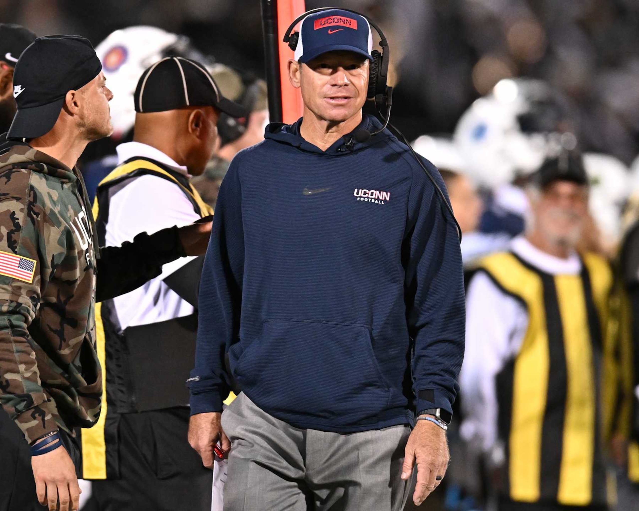 EAST HARTFORD, CT - SEPTEMBER 21: UConn Huskies head coach Jim Mora on the sidelines during the game as the Florida Atlantic Owls take on the UConn Huskies  on September 21, 2024 at the Pratt & Whitney Stadium in East Hartford, Connecticut. (Photo by Williams Paul/Icon Sportswire via Getty Images)