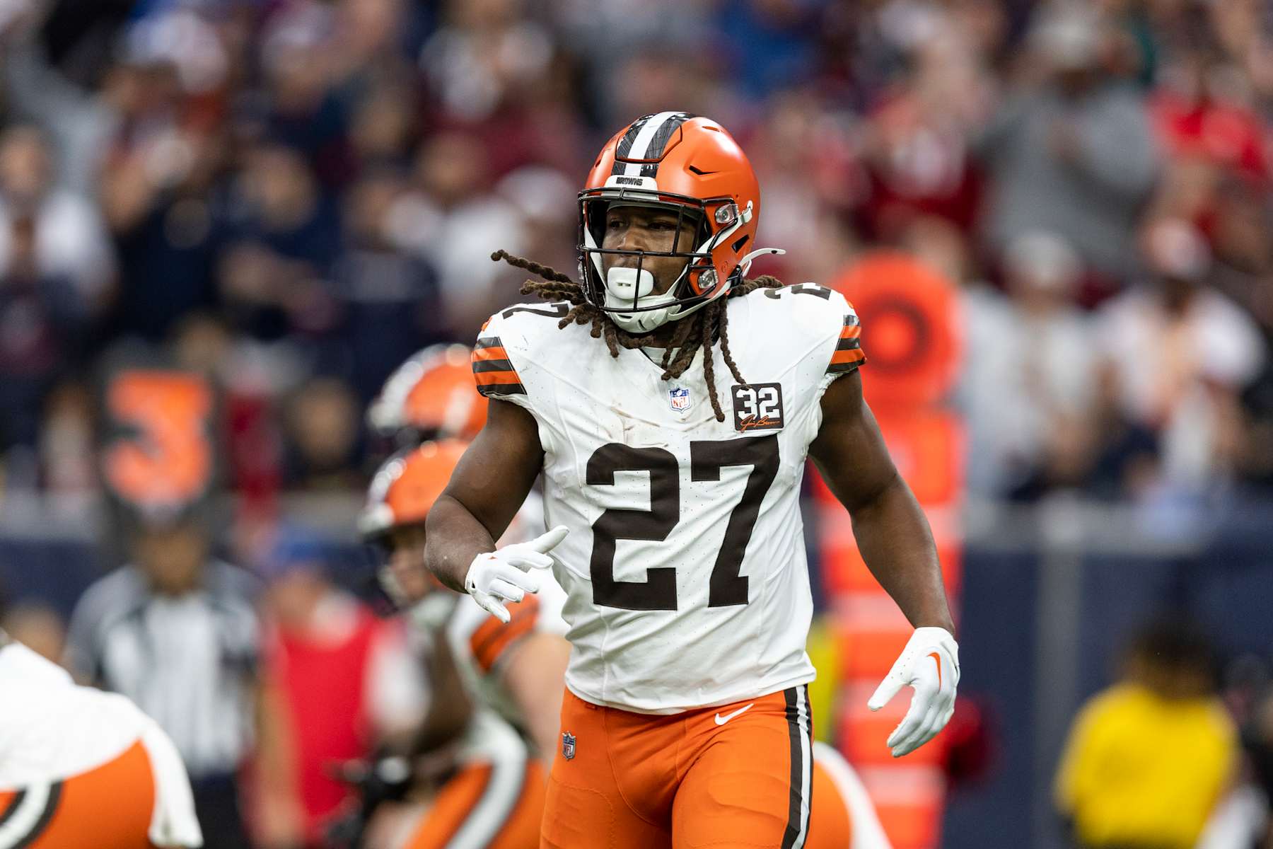HOUSTON, TEXAS - JANUARY 13: Kareem Hunt #27 of the Cleveland Browns runs during an NFL wild-card playoff football game between the Houston Texans and the Cleveland Browns at NRG Stadium on January 13, 2024 in Houston, Texas. (Photo by Michael Owens/Getty Images)
