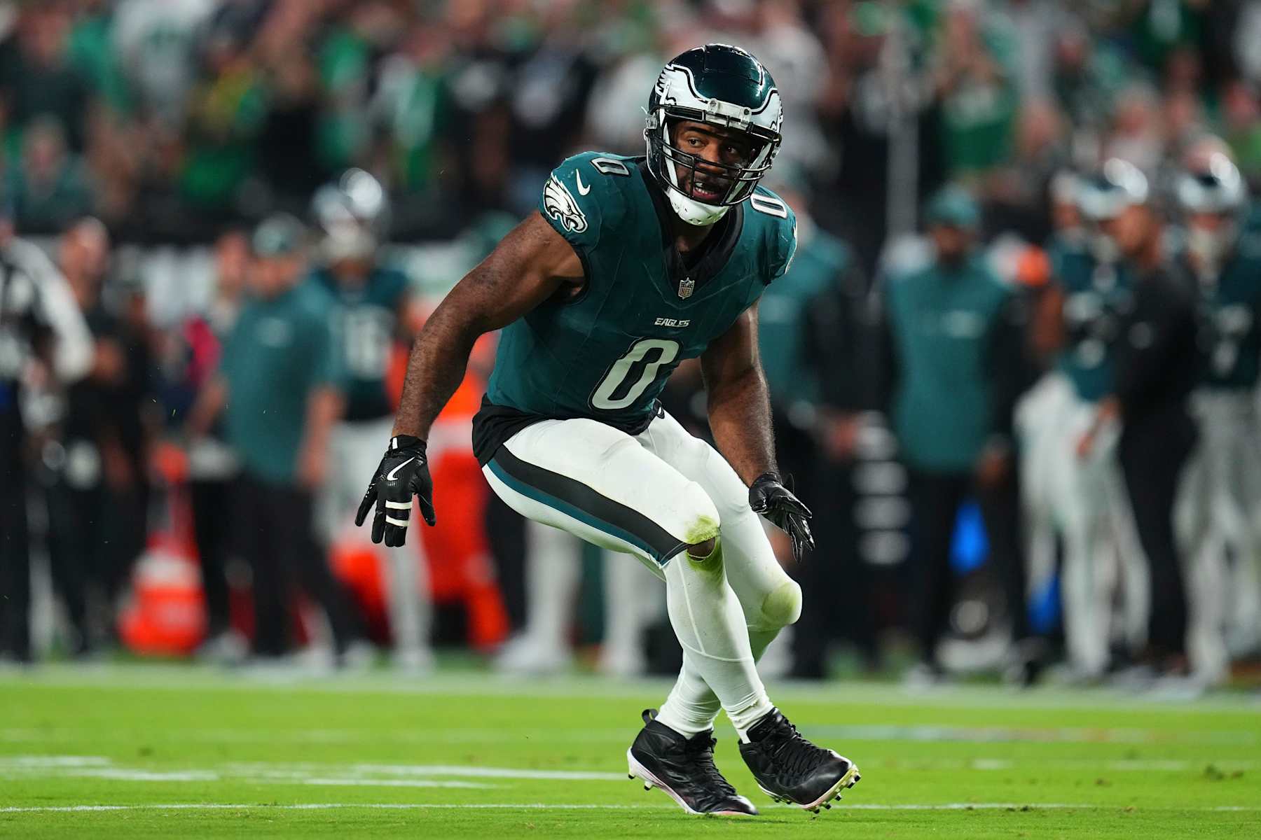 PHILADELPHIA, PENNSYLVANIA - SEPTEMBER 16: Bryce Huff #0 of the Philadelphia Eagles rushes the passer against the Atlanta Falcons at Lincoln Financial Field on September 16, 2024 in Philadelphia, Pennsylvania. (Photo by Mitchell Leff/Getty Images)