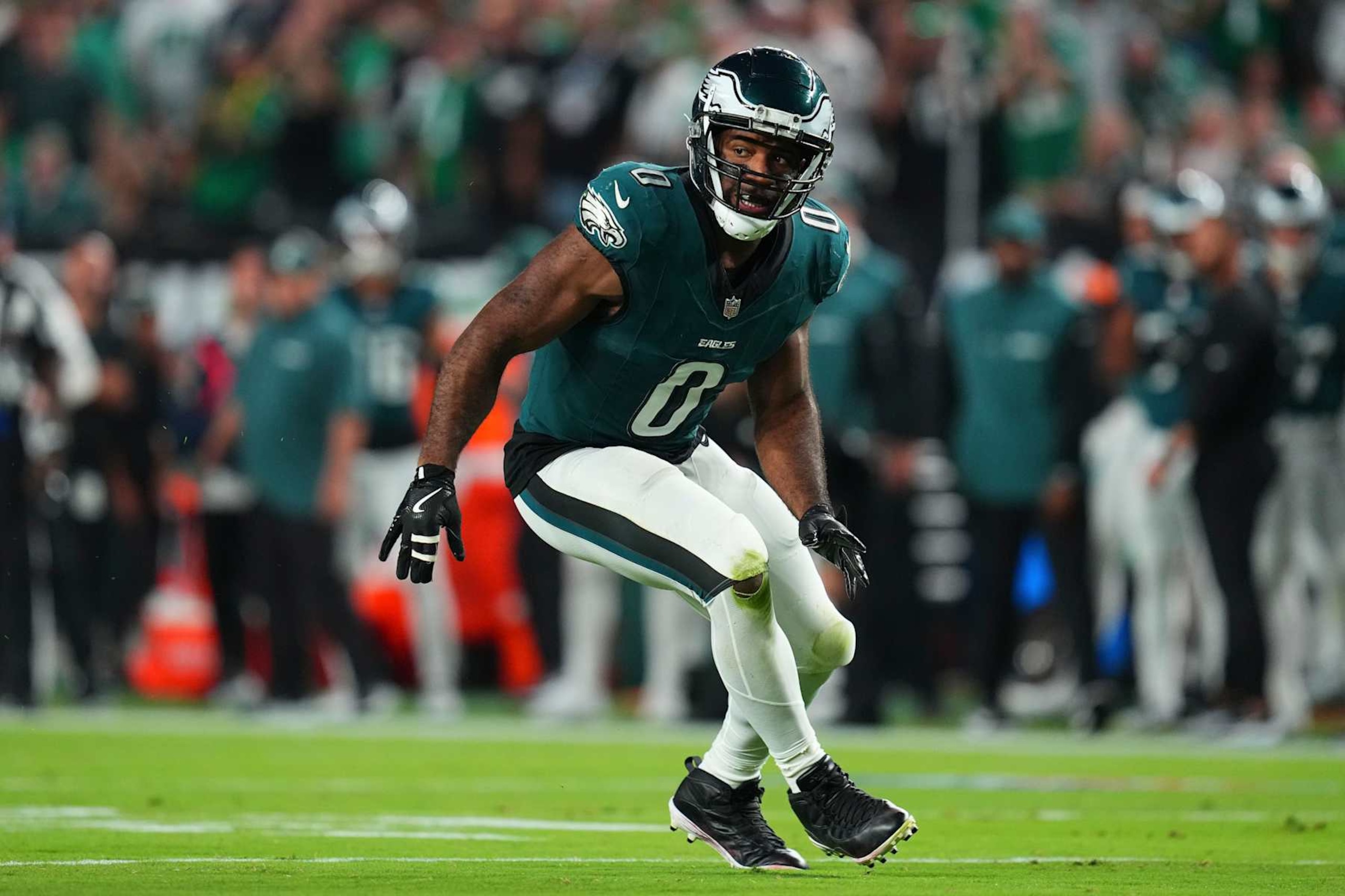 PHILADELPHIA, PENNSYLVANIA - SEPTEMBER 16: Bryce Huff #0 of the Philadelphia Eagles rushes the passer against the Atlanta Falcons at Lincoln Financial Field on September 16, 2024 in Philadelphia, Pennsylvania. (Photo by Mitchell Leff/Getty Images)