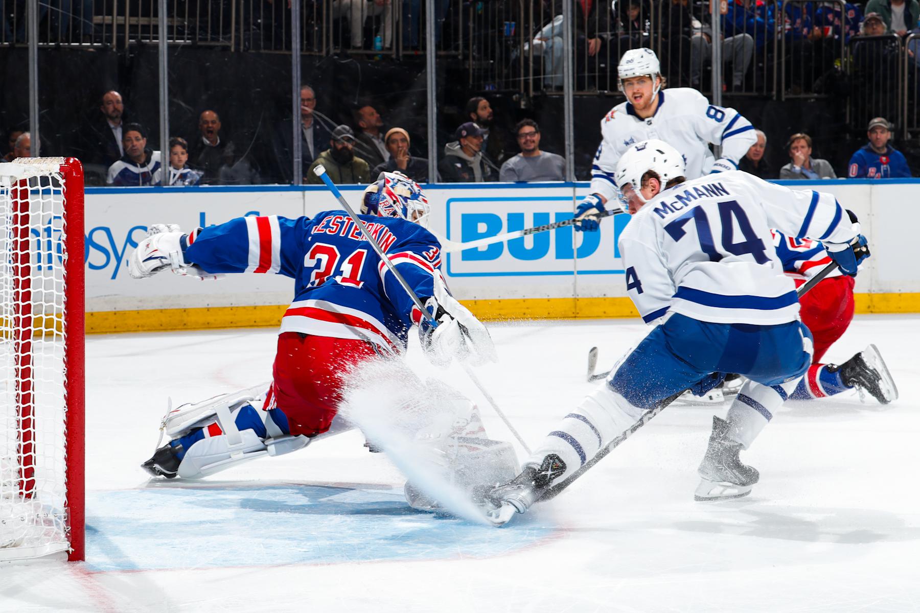 NEW YORK, NEW YORK - DECEMBER 12: Igor Shesterkin #31 of the New York Rangers makes a save against Bobby McMann #74 of the Toronto Maple Leafs at Madison Square Garden on December 12, 2023 in New York City. (Photo by Jared Silber/NHLI via Getty Images)