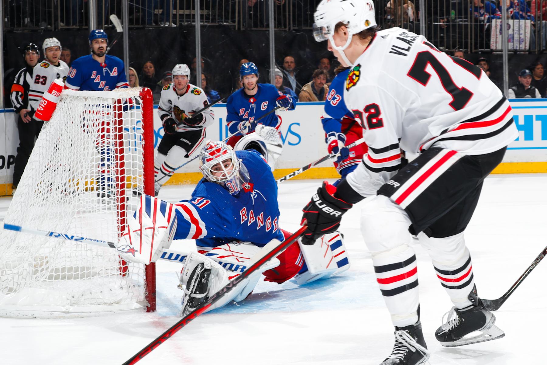 NEW YORK, NEW YORK - JANUARY 04: Igor Shesterkin #31 of the New York Rangers makes a save against the Chicago Blackhawks at Madison Square Garden on January 4, 2024 in New York City. (Photo by Jared Silber/NHLI via Getty Images)