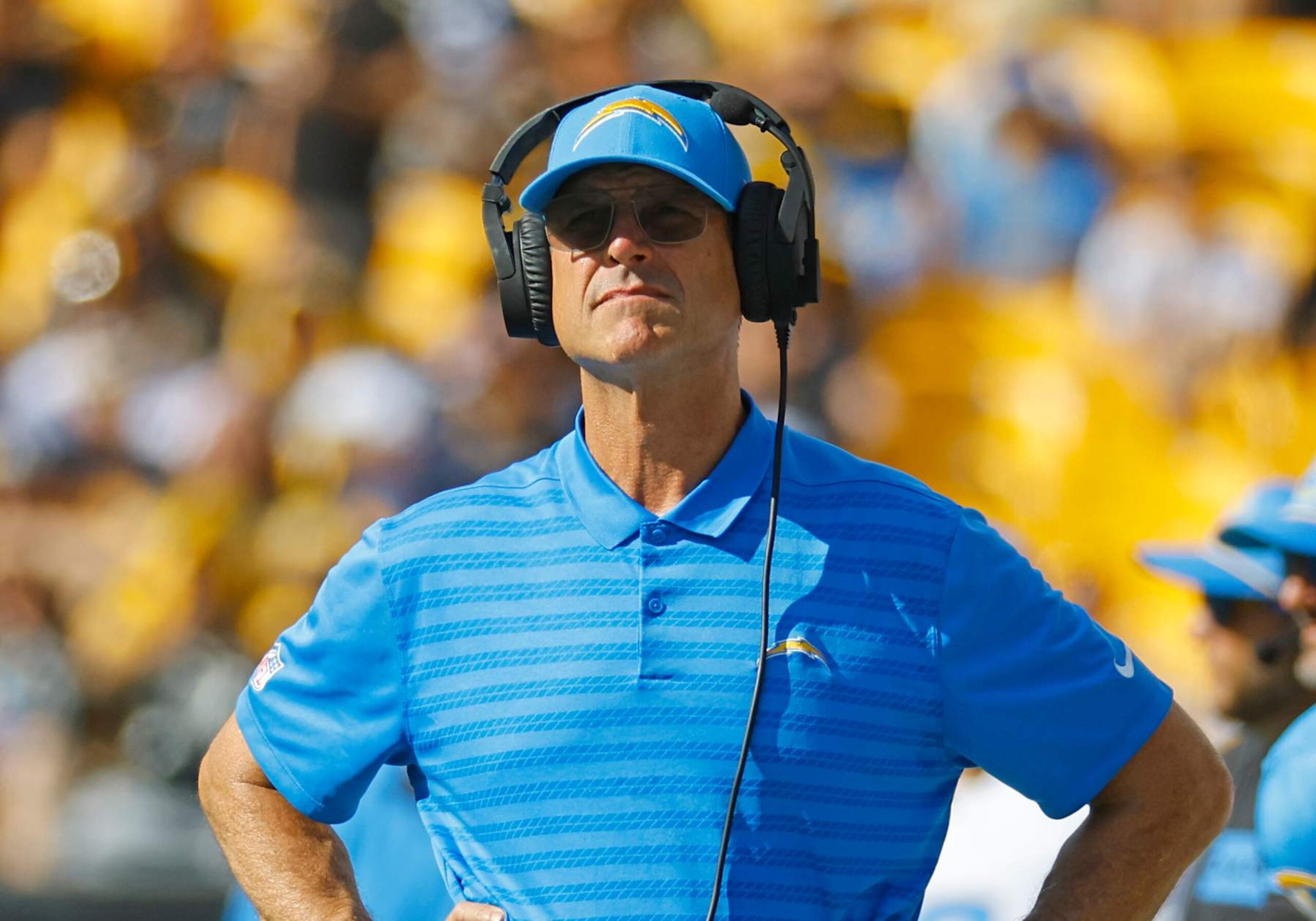 PITTSBURGH, PA - SEPTEMBER 22:  Jim Harbaugh of the Los Angeles Chargers in action against the Pittsburgh Steelers on September 22, 2024 at Acrisure Stadium in Pittsburgh, Pennsylvania.  (Photo by Justin K. Aller/Getty Images)