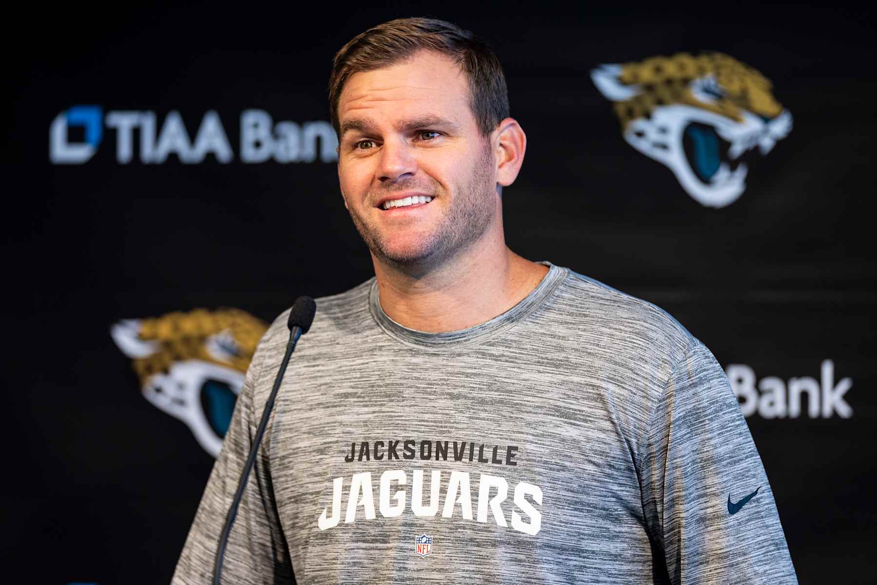 JACKSONVILLE, FLORIDA - JULY 27: Offensive coordinator Press Taylor of the Jacksonville Jaguars speaks to the Media during training camp at Miller Electric Center on July 27, 2023 in Jacksonville, Florida. (Photo by James Gilbert/Getty Images)