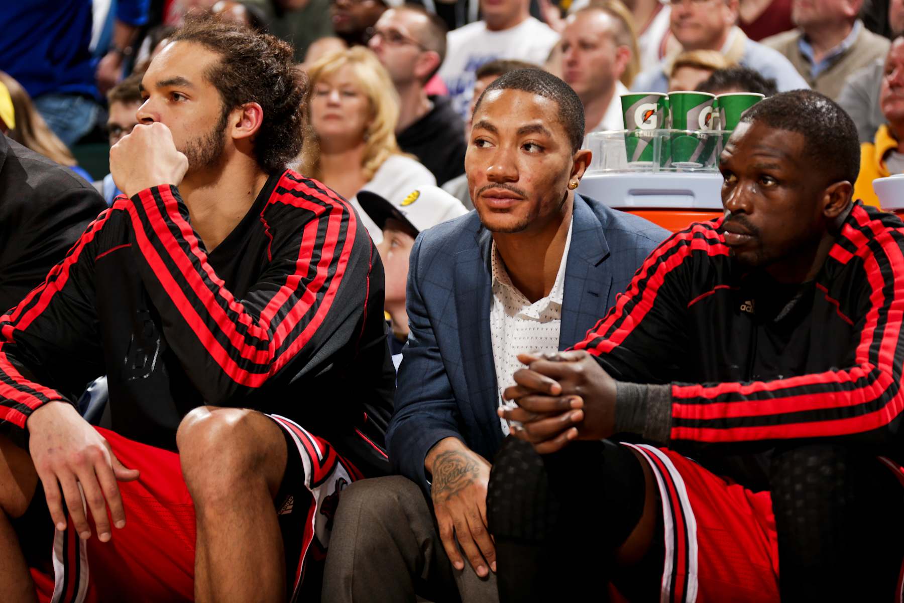 Joakim Noah, Derrick Rose and Luol Deng