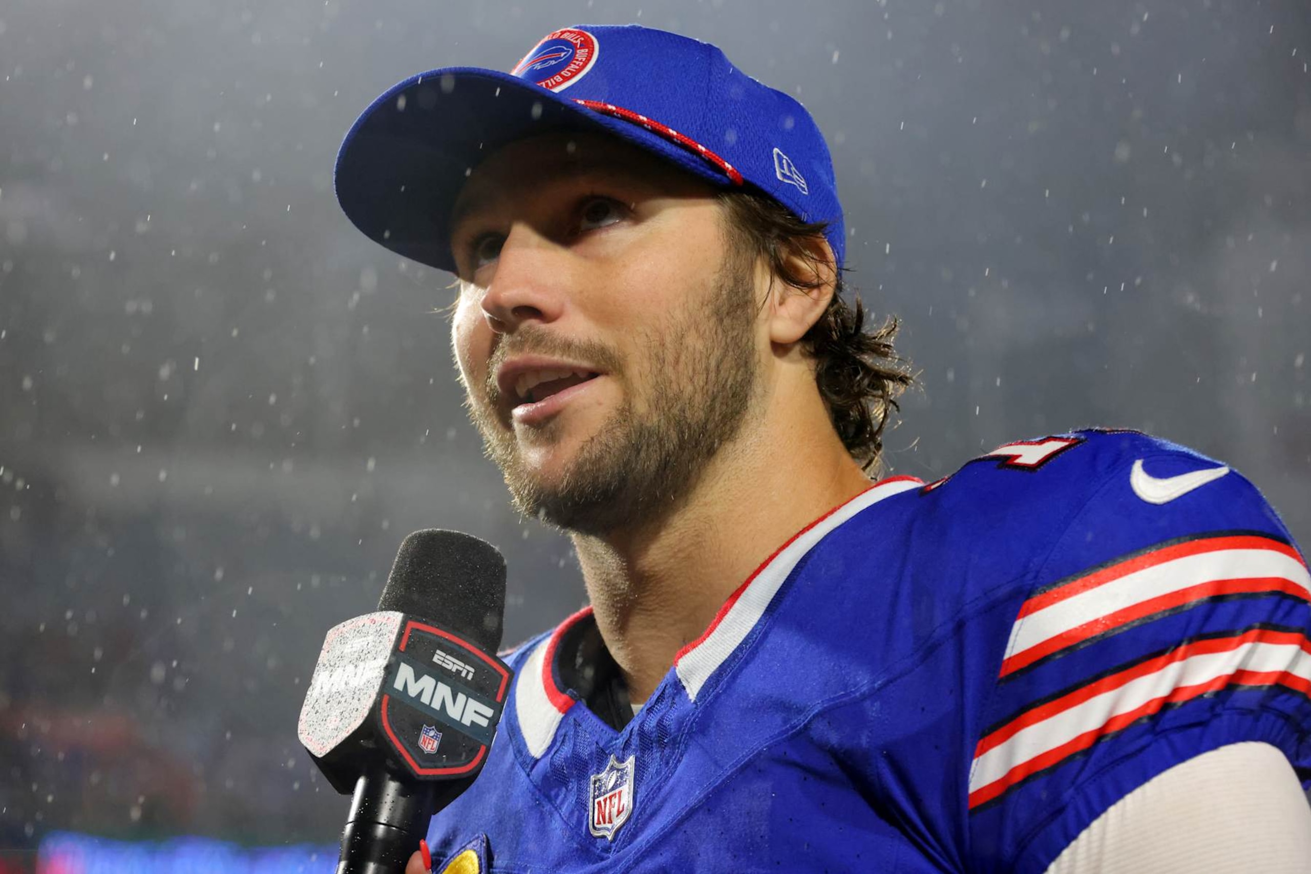 ORCHARD PARK, NEW YORK - SEPTEMBER 23: Josh Allen #17 of the Buffalo Bills talks to a reporter after a win over the Jacksonville Jaguars at Highmark Stadium on September 23, 2024 in Orchard Park, New York. (Photo by Timothy T Ludwig/Getty Images) ORCHARD PARK, NEW YORK - SEPTEMBER 23: Josh Allen #17 of the Buffalo Bills talks to a reporter after a win over the Jacksonville Jaguars at Highmark Stadium on September 23, 2024 in Orchard Park, New York. (Photo by Timothy T Ludwig/Getty Images)