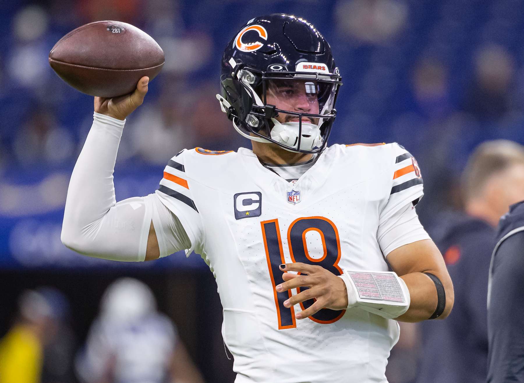 INDIANAPOLIS, INDIANA - SEPTEMBER 22: Caleb Williams #18 of the Chicago Bears is seen before the game against the Indianapolis Colts at Lucas Oil Stadium on September 22, 2024 in Indianapolis, Indiana. (Photo by Michael Hickey/Getty Images)