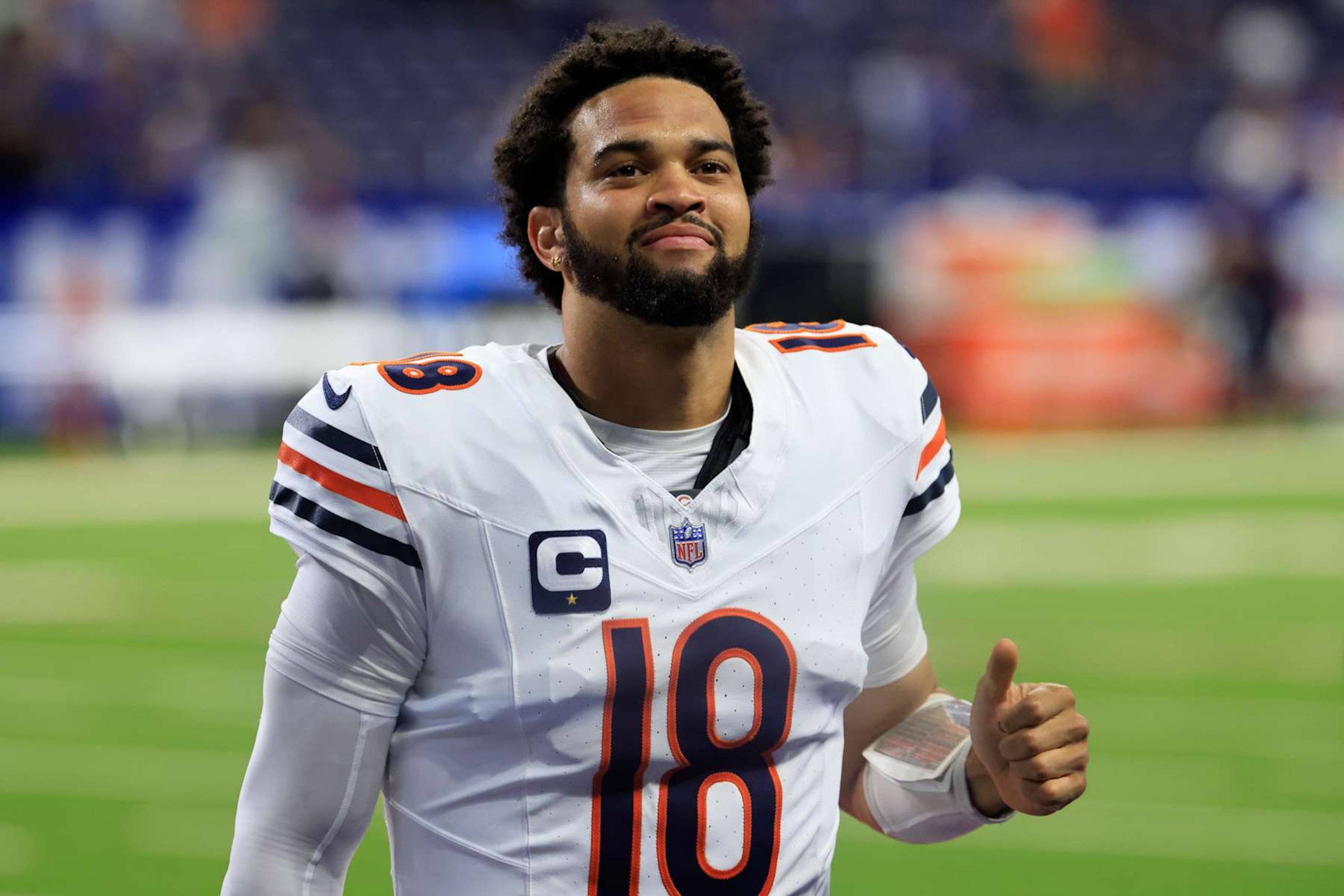 INDIANAPOLIS, INDIANA - SEPTEMBER 22: Caleb Williams #18 of the Chicago Bears walks off the field prior to the game against the Indianapolis Colts at Lucas Oil Stadium on September 22, 2024 in Indianapolis, Indiana. (Photo by Justin Casterline/Getty Images)