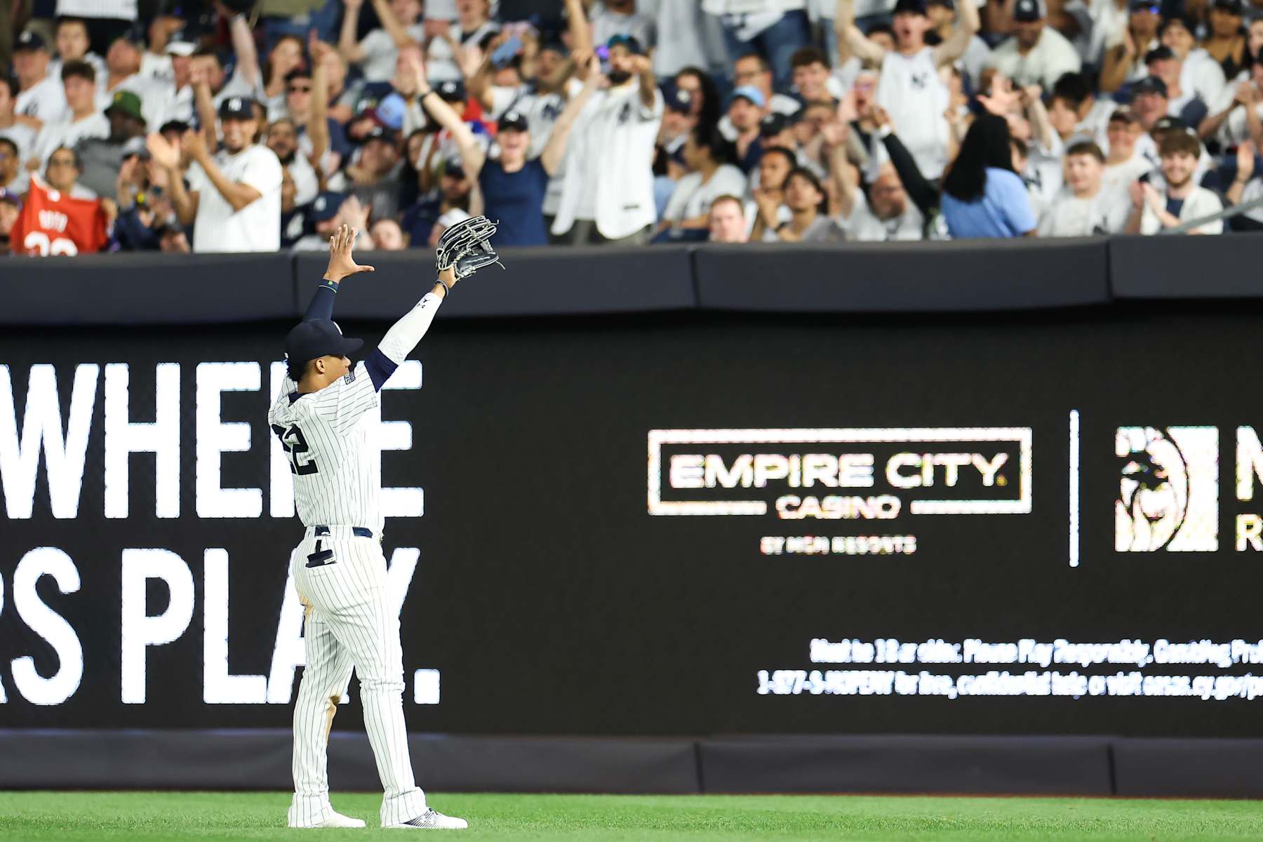 NEW YORK, NEW YORK - JUNE 05: Juan Soto #22 of the New York Yankees acknowledges the fans against the Minnesota Twins during the eighth inning at Yankee Stadium on June 05, 2024 in the Bronx borough of New York City. (Photo by Luke Hales/Getty Images)