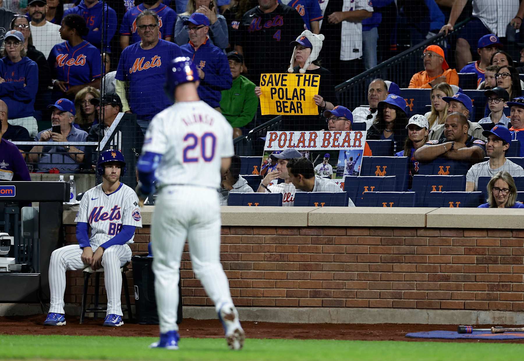 NEW YORK, NEW YORK - SEPTEMBER 22:  Fans support Pete Alonso #20 of the New York Mets during the first inning against the Philadelphia Phillies at Citi Field on September 22, 2024 in New York City. The Mets defeated the Phillies 2-1. (Photo by Jim McIsaac/Getty Images)
