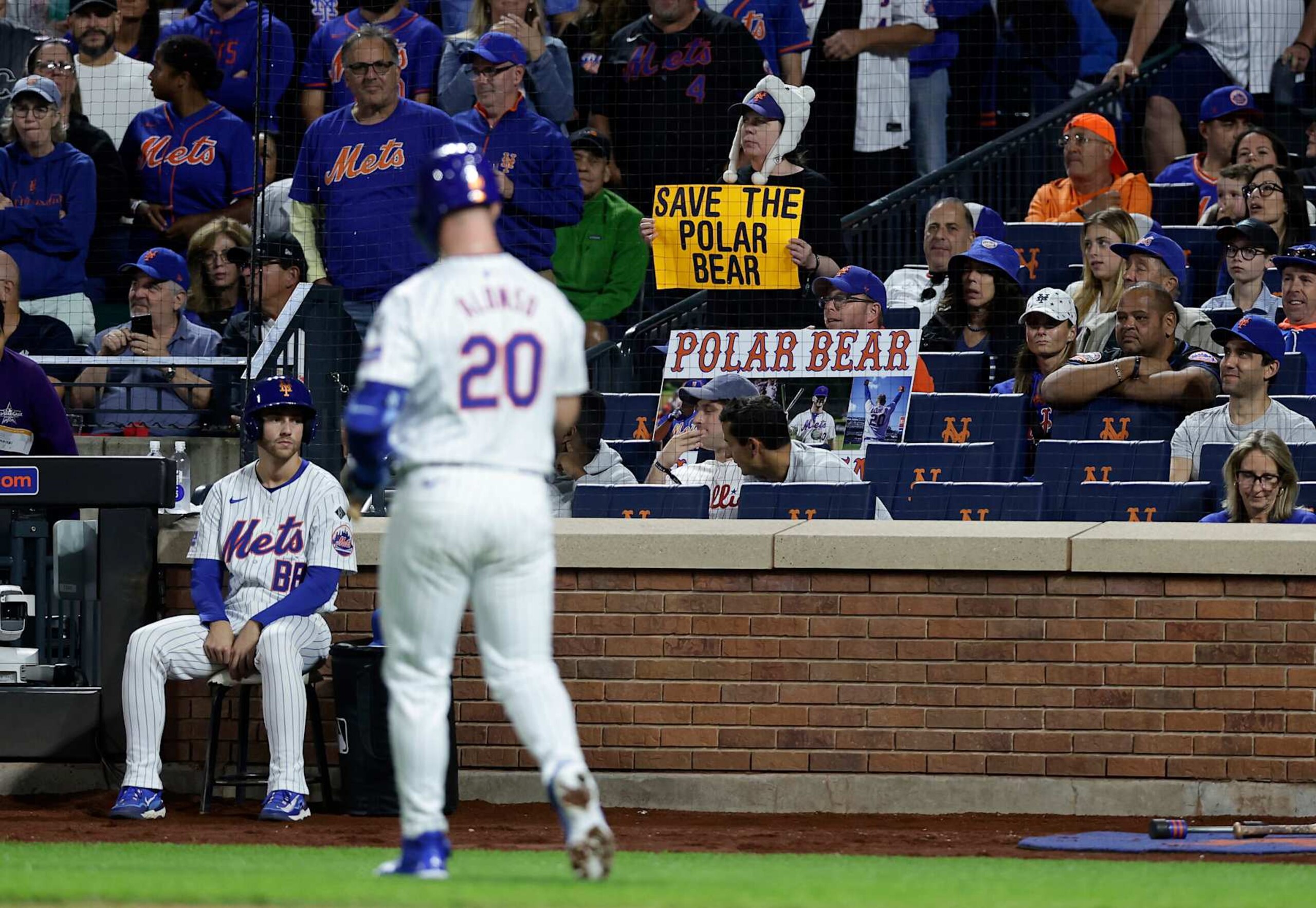 NEW YORK, NEW YORK - SEPTEMBER 22:  Fans support Pete Alonso #20 of the New York Mets during the first inning against the Philadelphia Phillies at Citi Field on September 22, 2024 in New York City. The Mets defeated the Phillies 2-1. (Photo by Jim McIsaac/Getty Images)