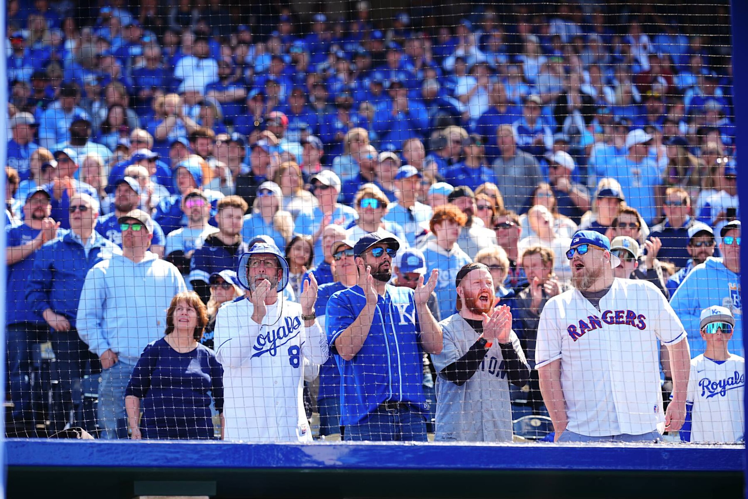 KANSAS CITY, MO - MARCH 28: Fans react to the introduction of the Kansas City Royals prior to the game between the Minnesota Twins and the Kansas City Royals at Kauffman Stadium on Thursday, March 28, 2024 in Kansas City, Missouri. (Photo by Kyle Rivas/MLB Photos via Getty Images)
