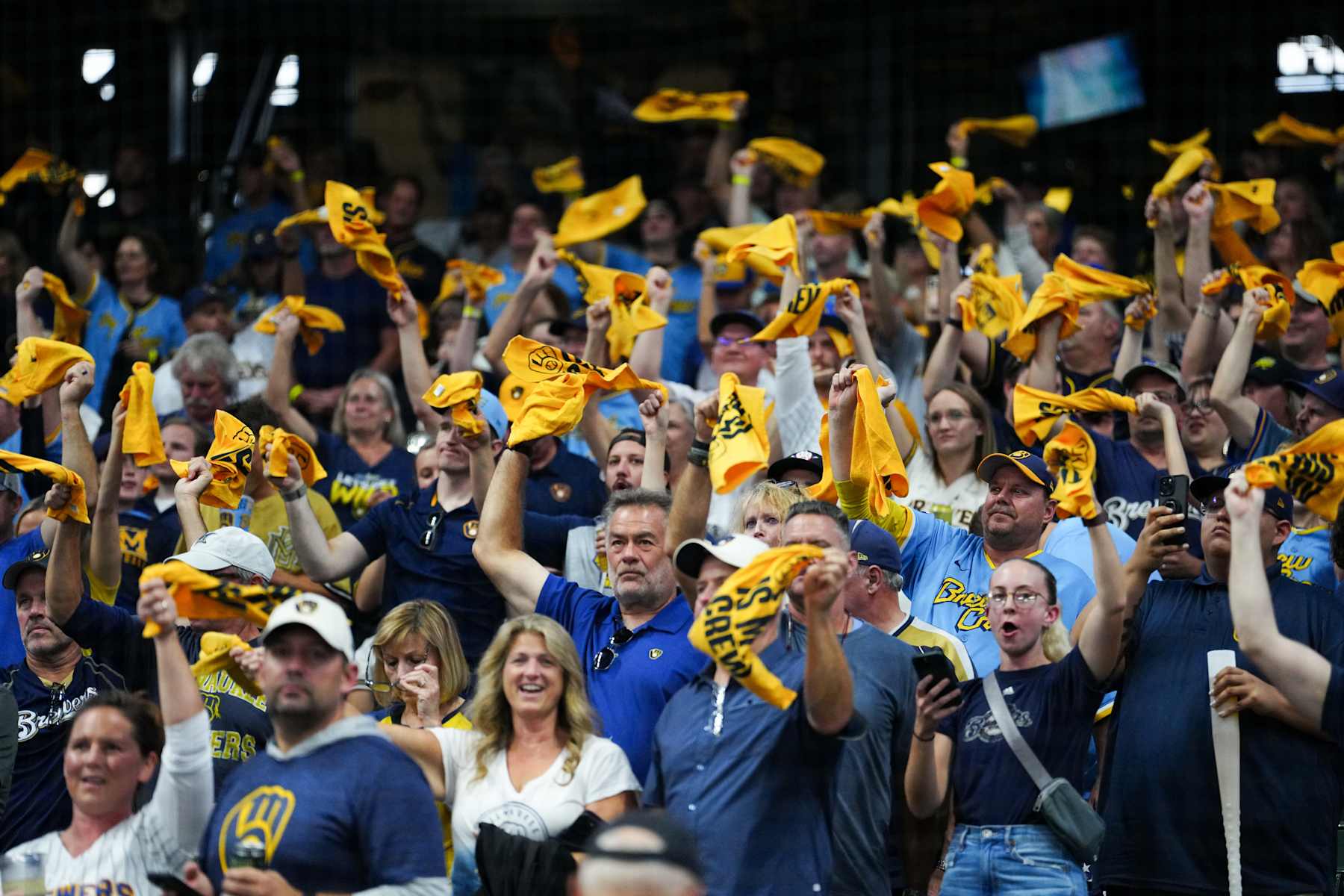 MILWAUKEE, WI - OCTOBER 04:  Fans wave rally towels in the stands prior to Game 2 of the Wild Card Series between the Arizona Diamondbacks and the Milwaukee Brewers at American Family Field on Wednesday, October 4, 2023 in Milwaukee, Wisconsin. (Photo by Mary DeCicco/MLB Photos via Getty Images)