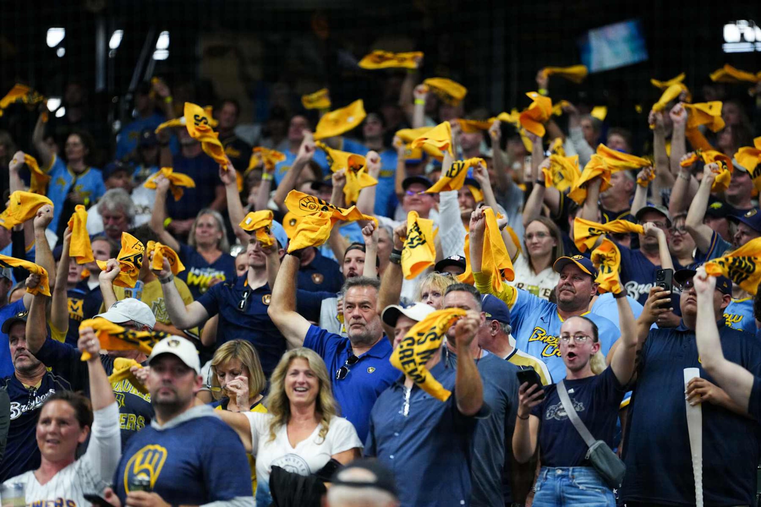 MILWAUKEE, WI - OCTOBER 04:  Fans wave rally towels in the stands prior to Game 2 of the Wild Card Series between the Arizona Diamondbacks and the Milwaukee Brewers at American Family Field on Wednesday, October 4, 2023 in Milwaukee, Wisconsin. (Photo by Mary DeCicco/MLB Photos via Getty Images)