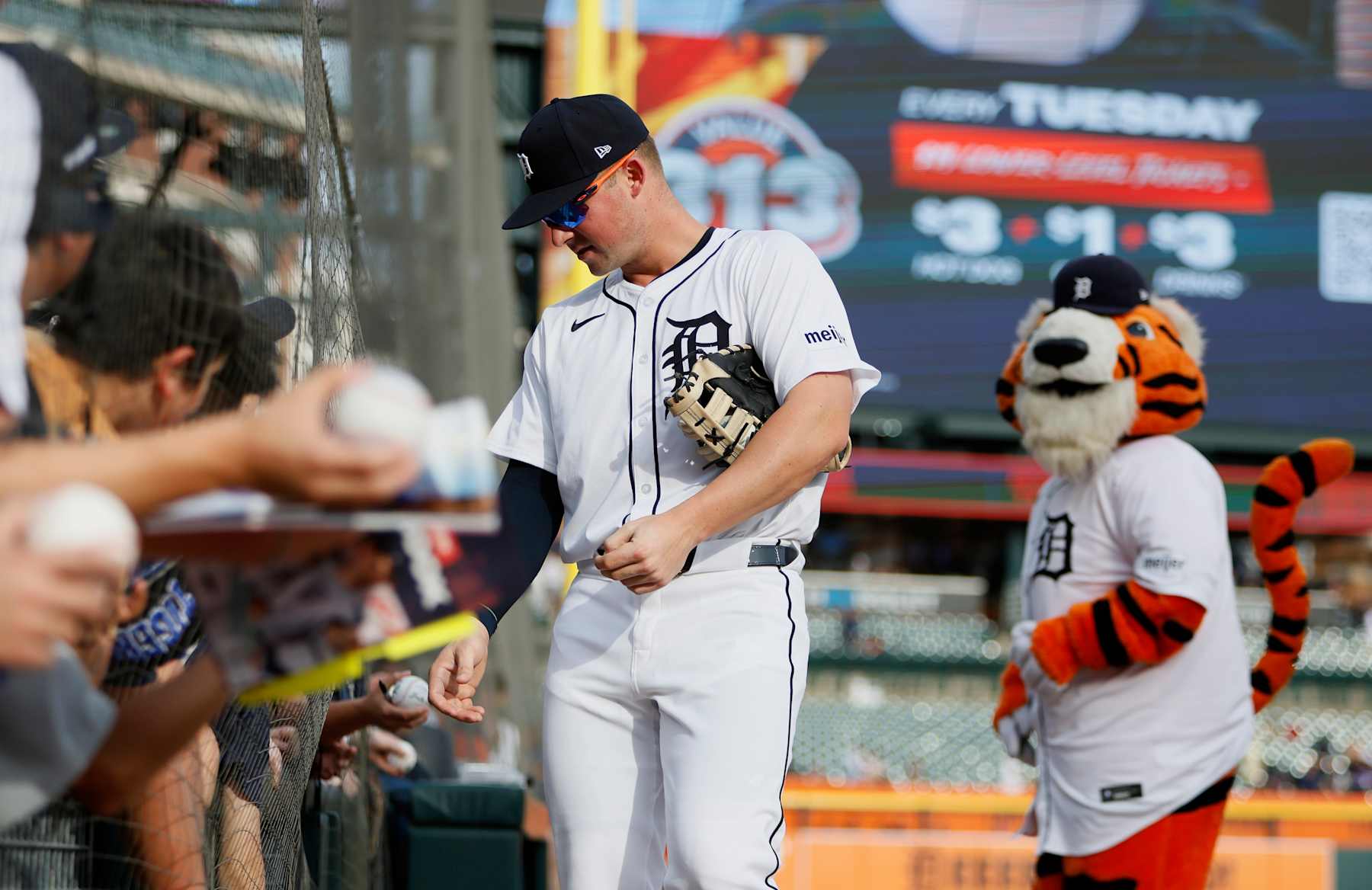 DETROIT, MI -  MAY 13:  Spencer Torkelson #20 of the Detroit Tigers visits with fans before a game against the Miami Marlins at Comerica Park on May 13, 2024 in Detroit, Michigan. (Photo by Duane Burleson/Getty Images)