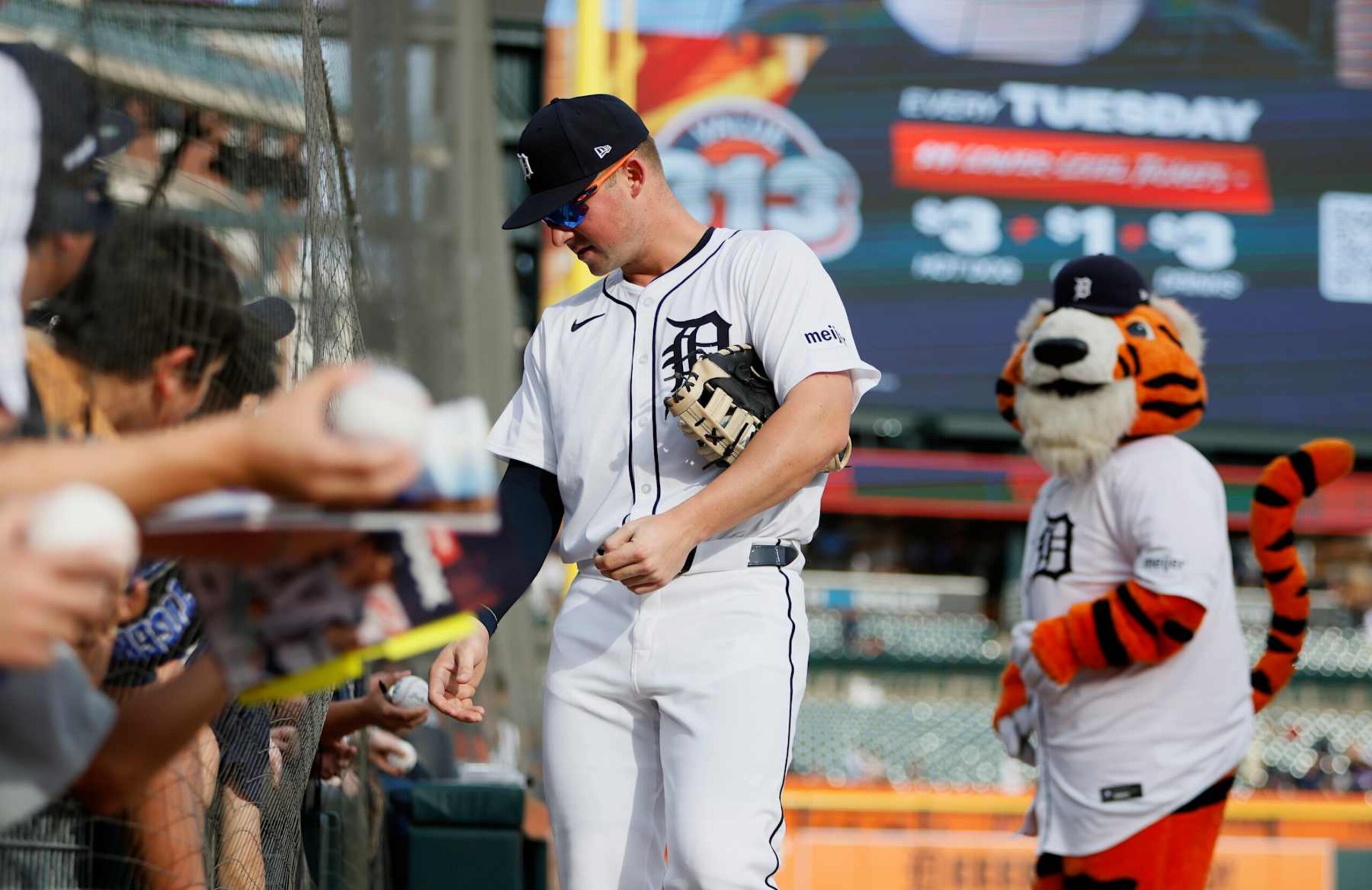 DETROIT, MI -  MAY 13:  Spencer Torkelson #20 of the Detroit Tigers visits with fans before a game against the Miami Marlins at Comerica Park on May 13, 2024 in Detroit, Michigan. (Photo by Duane Burleson/Getty Images)