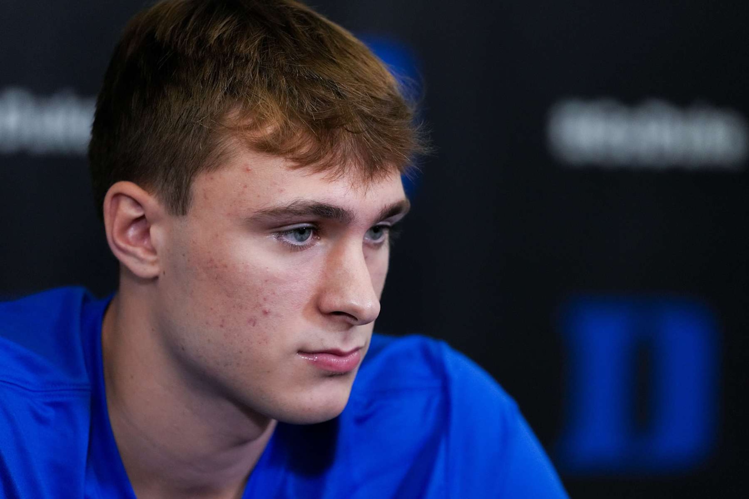 DURHAM, NORTH CAROLINA - SEPTEMBER 27: Cooper Flagg #2 of the Duke Blue Devils speaks during Duke Men's Basketball Media Day at Cameron Indoor Stadium on September 27, 2024 in Durham, North Carolina. (Photo by Grant Halverson/Getty Images)