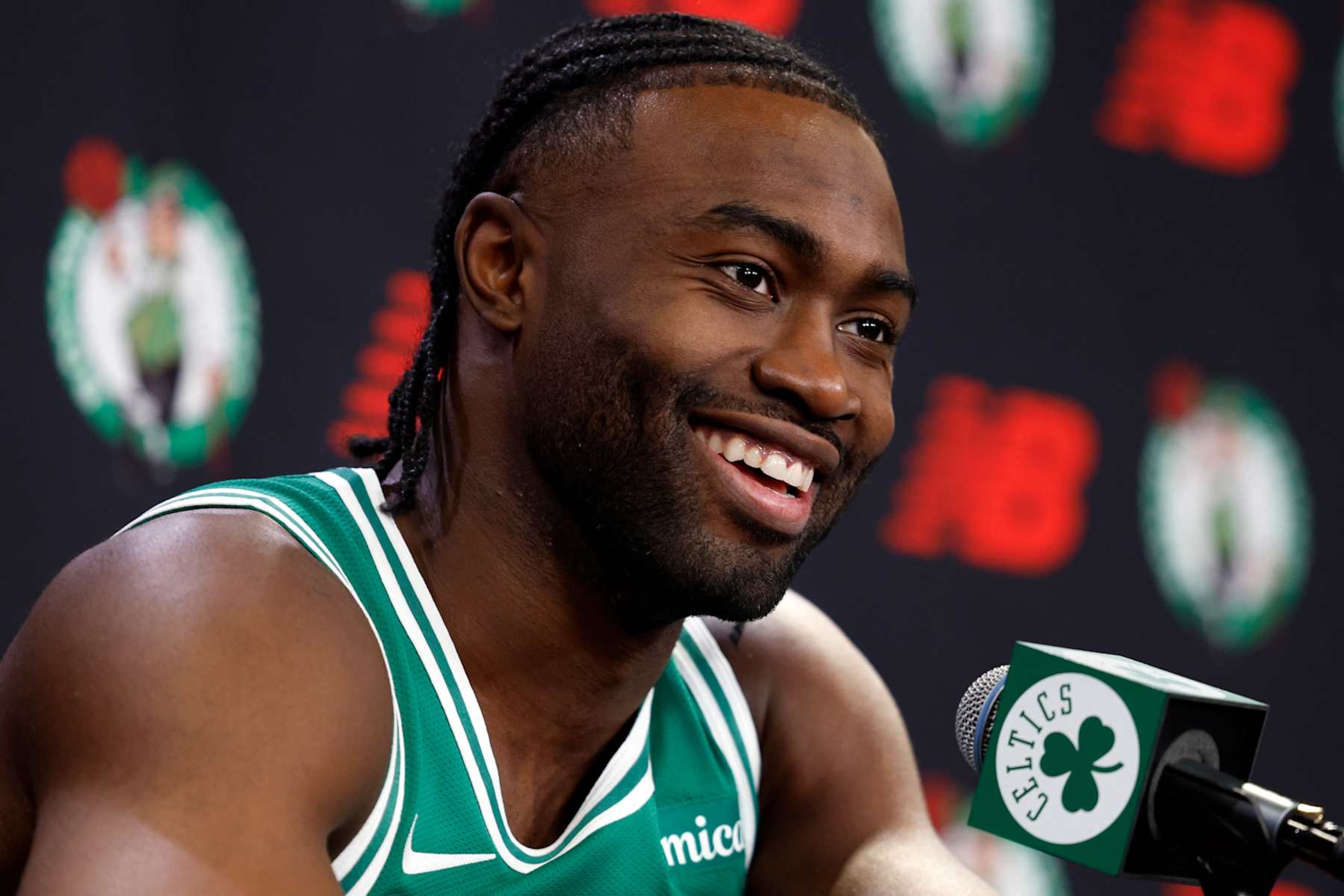 Boston, MA - September 24: Boston Celtics guard Jaylen Brown speaks during Celtics media day at the Auerbach Center. (Photo by Danielle Parhizkaran/The Boston Globe via Getty Images)