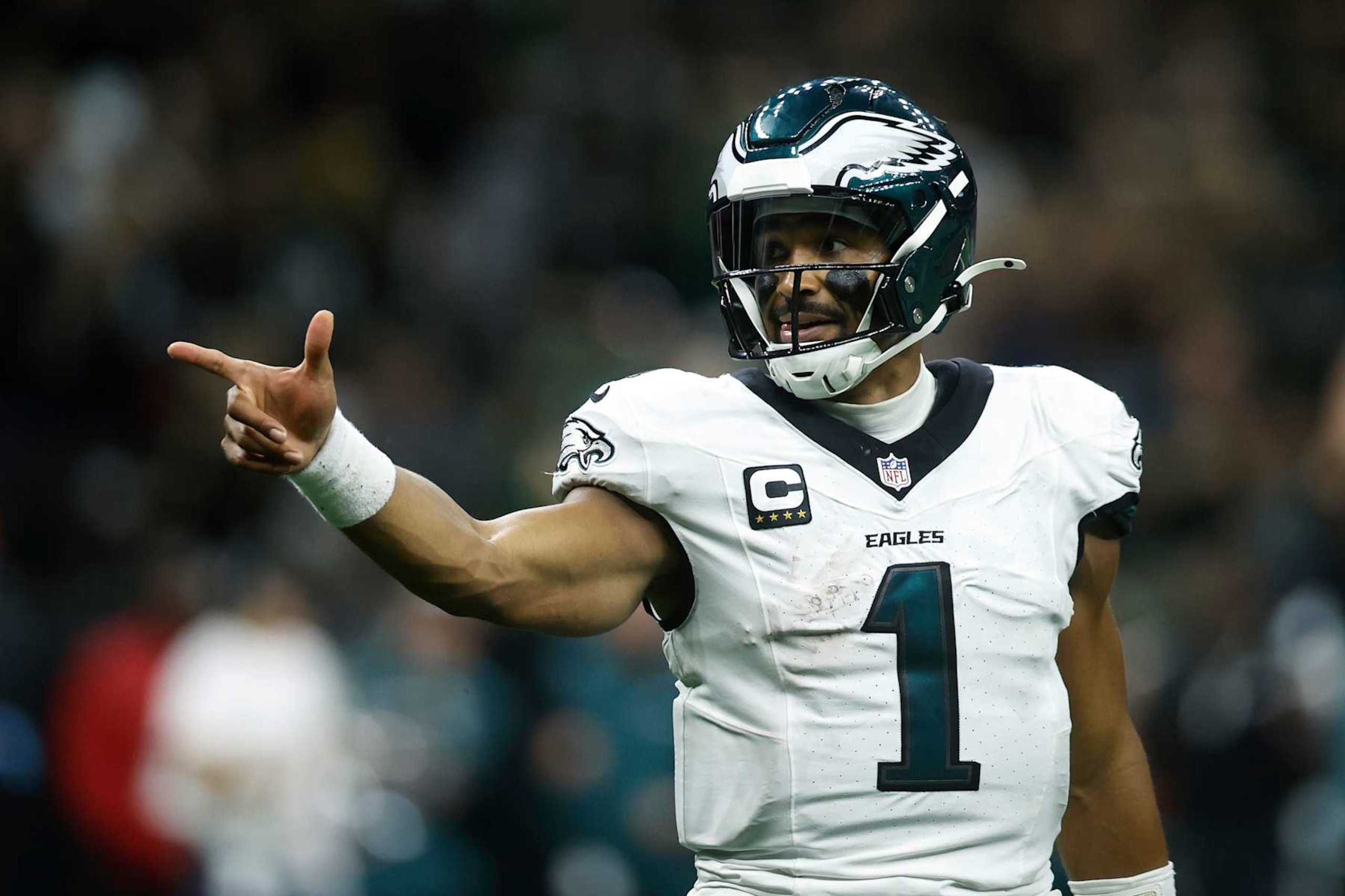 NEW ORLEANS, LOUISIANA - SEPTEMBER 22: Quarterback Jalen Hurts #1 of the Philadelphia Eagles reacts after a two-point conversion against the New Orleans Saints during the fourth quarter at Caesars Superdome on September 22, 2024 in New Orleans, Louisiana. (Photo by Chris Graythen/Getty Images)