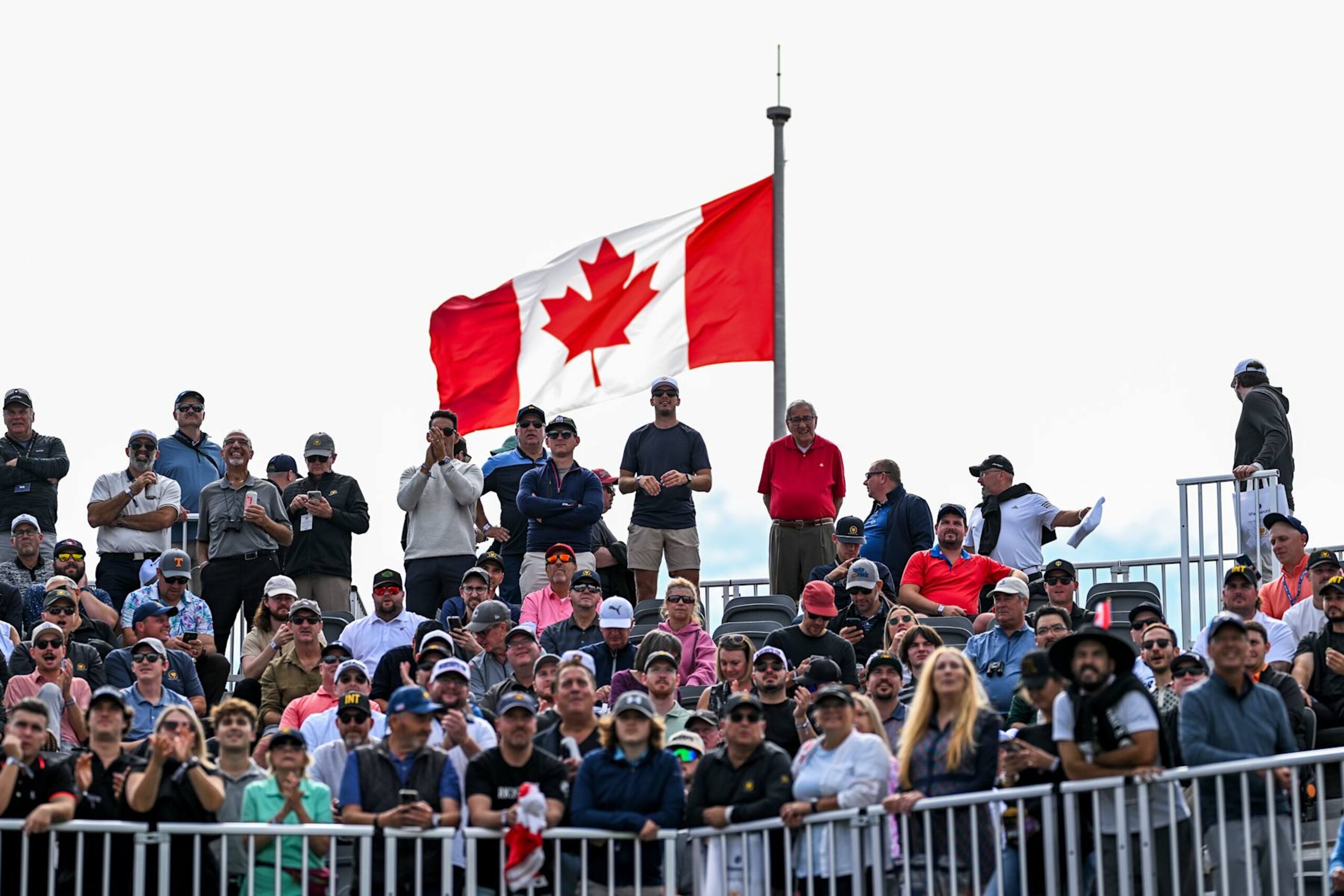 MONTREAL, QUEBEC - SEPTEMBER 27: Fans pack the first tee grandstands during Friday's Foursomes matches on day two of the 2024 Presidents Cup at The Royal Montreal Golf Club on September 27, 2024 in Montreal, Quebec. (Photo by Keyur Khamar/PGA TOUR via Getty Images) MONTREAL, QUEBEC - SEPTEMBER 27: Fans pack the first tee grandstands during Friday's Foursomes matches on day two of the 2024 Presidents Cup at The Royal Montreal Golf Club on September 27, 2024 in Montreal, Quebec. (Photo by Keyur Khamar/PGA TOUR via Getty Images)