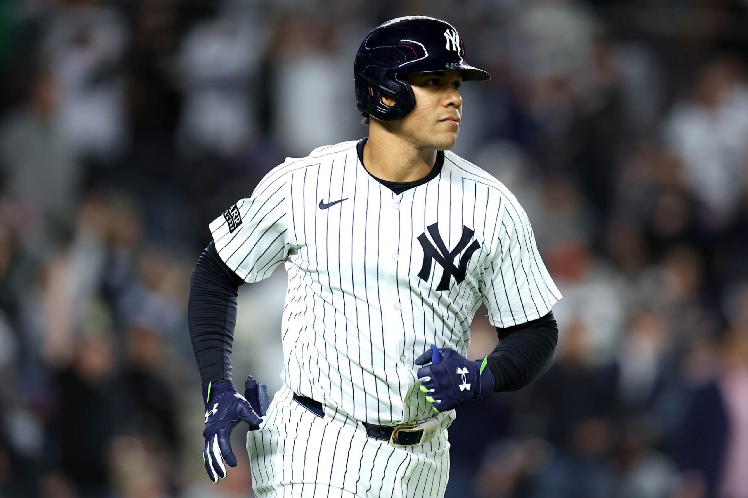 NEW YORK, NEW YORK - SEPTEMBER 25: Juan Soto #22 of the New York Yankees reacts after a two-run home run against the Baltimore Orioles during the fifth inning at Yankee Stadium on September 25, 2024 in the Bronx borough of New York City. (Photo by Luke Hales/Getty Images)