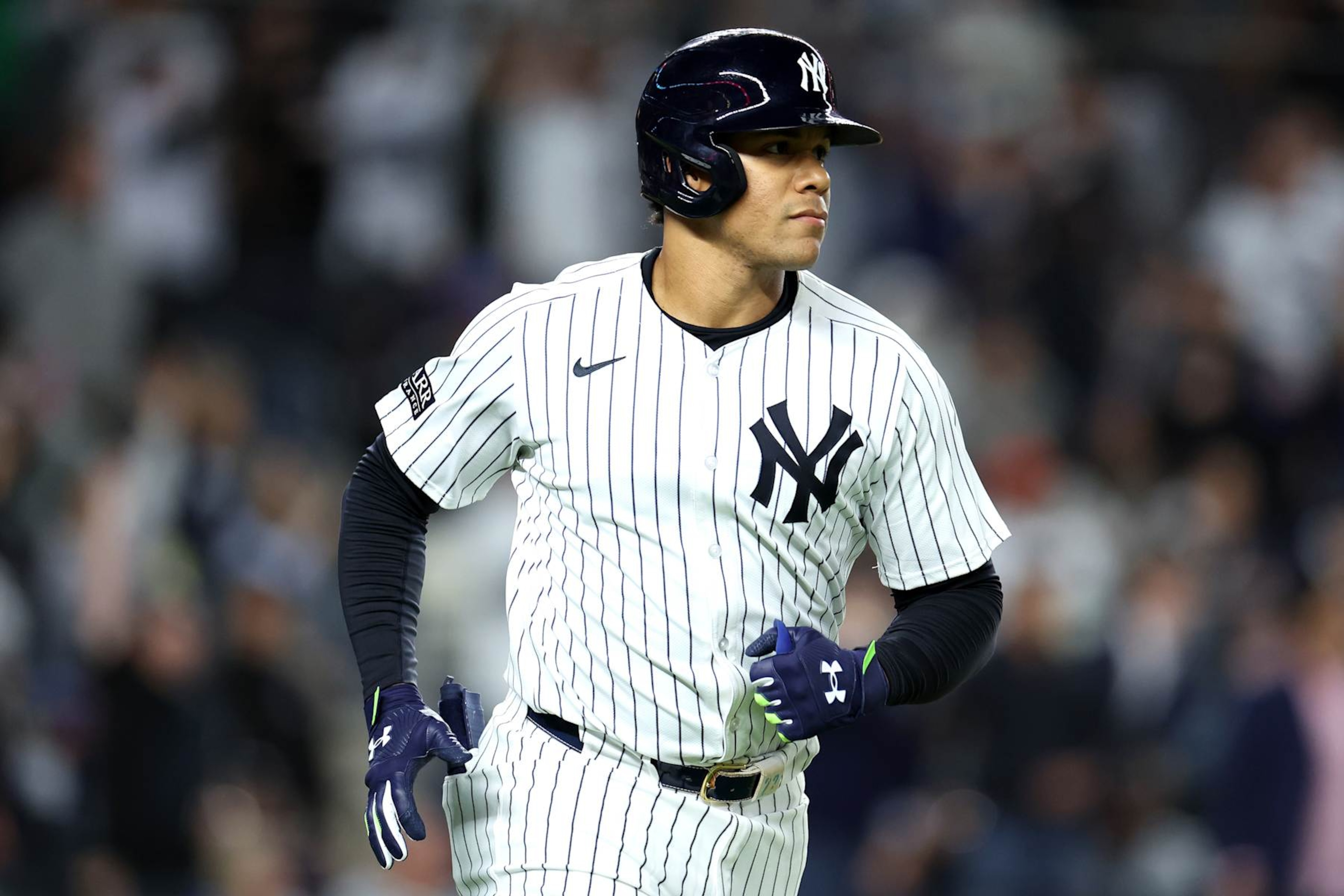 NEW YORK, NEW YORK - SEPTEMBER 25: Juan Soto #22 of the New York Yankees reacts after a two-run home run against the Baltimore Orioles during the fifth inning at Yankee Stadium on September 25, 2024 in the Bronx borough of New York City. (Photo by Luke Hales/Getty Images)