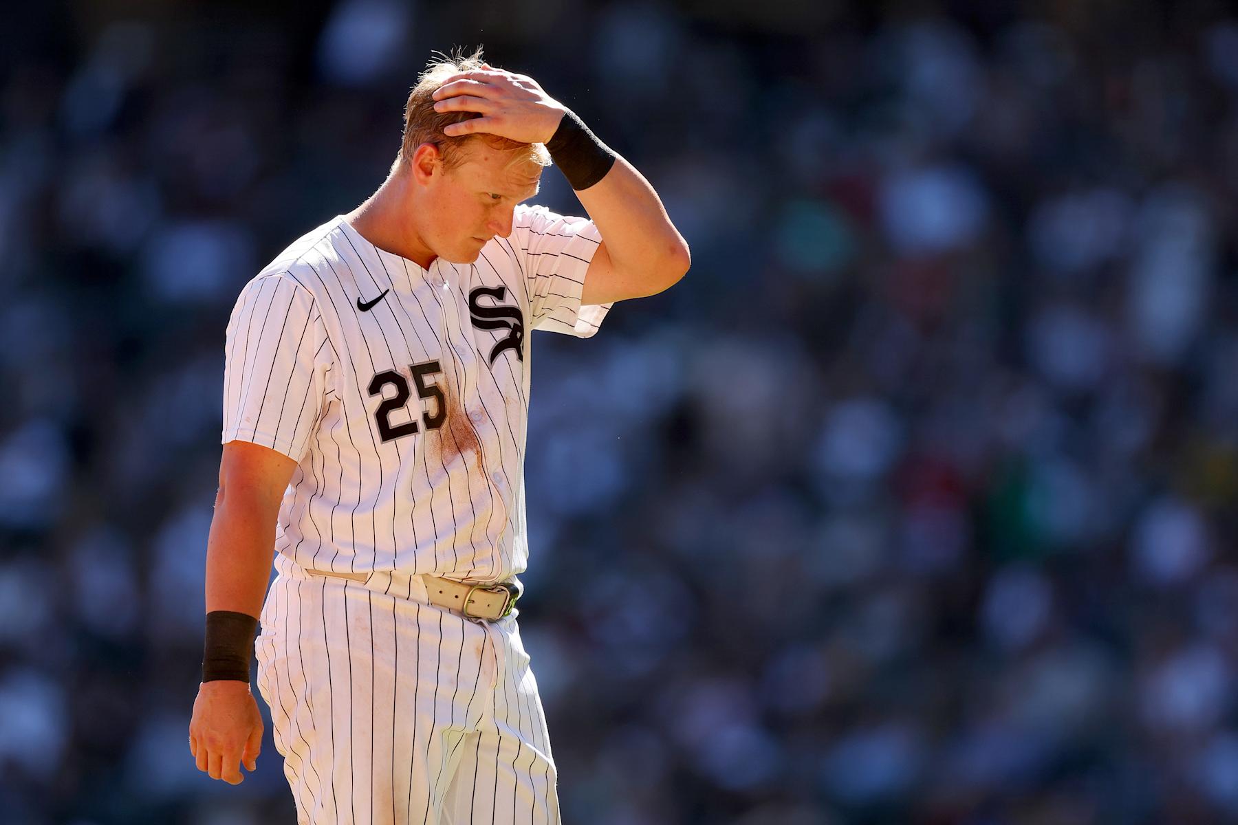 CHICAGO, ILLINOIS - SEPTEMBER 26: Andrew Vaughn #25 of the Chicago White Sox reacts against the Los Angeles Angels during the fourth inning at Guaranteed Rate Field on September 26, 2024 in Chicago, Illinois. (Photo by Michael Reaves/Getty Images)