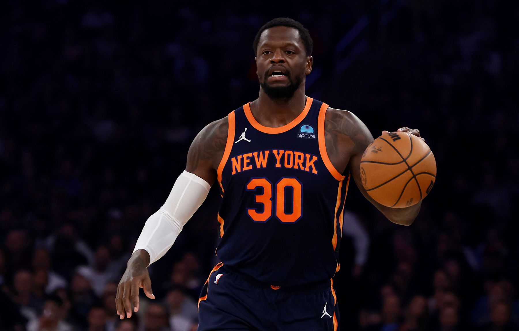 NEW YORK, NEW YORK - JANUARY 25: (NEW YORK DAILIES OUT)  Julius Randle #30 of the New York Knicks in action against the Denver Nuggets at Madison Square Garden on January 25, 2024 in New York City. The Knicks defeated the Nuggets 122-84.  NOTE TO USER: User expressly acknowledges and agrees that, by downloading and or using this photograph, User is consenting to the terms and conditions of the Getty Images License Agreement. (Photo by Jim McIsaac/Getty Images)