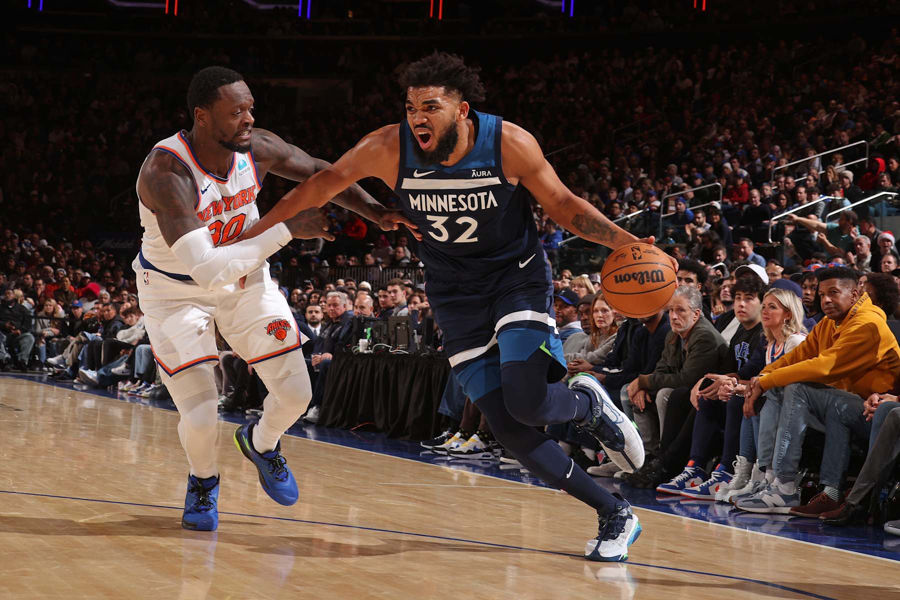 NEW YORK, NY - JANUARY 1: Karl-Anthony Towns #32 of the Minnesota Timberwolves handles the ball during the game against the New York Knicks on January 1, 2024 at Madison Square Garden in New York City, New York. NOTE TO USER: User expressly acknowledges and agrees that, by downloading and or using this photograph, User is consenting to the terms and conditions of the Getty Images License Agreement. Mandatory Copyright Notice: Copyright 2024 NBAE (Photo by Nathaniel S. Butler/NBAE via Getty Images) NEW YORK, NY - JANUARY 1: Karl-Anthony Towns #32 of the Minnesota Timberwolves handles the ball during the game against the New York Knicks on January 1, 2024 at Madison Square Garden in New York City, New York. NOTE TO USER: User expressly acknowledges and agrees that, by downloading and or using this photograph, User is consenting to the terms and conditions of the Getty Images License Agreement. Mandatory Copyright Notice: Copyright 2024 NBAE (Photo by Nathaniel S. Butler/NBAE via Getty Images)