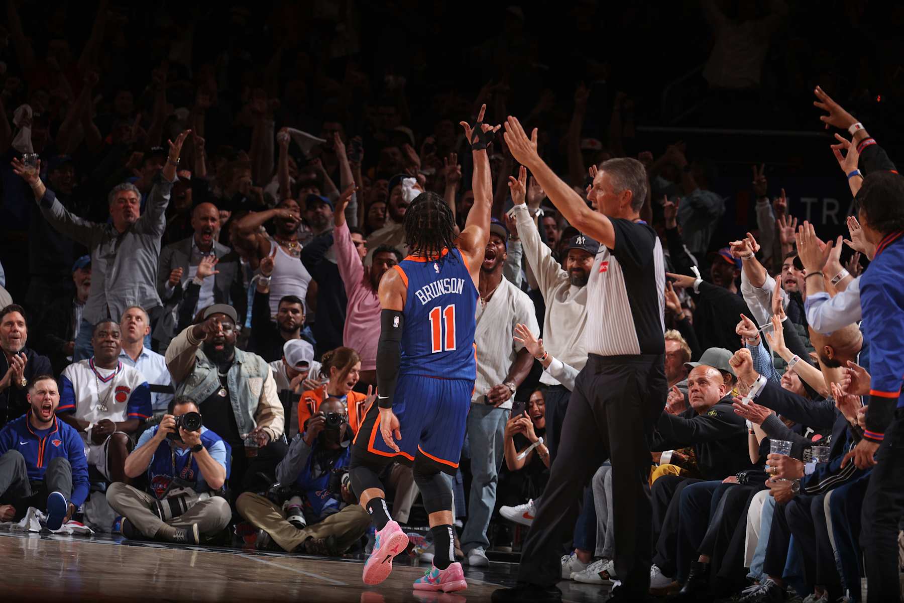 NEW YORK, NY - MAY 14: Jalen Brunson #11 of the New York Knicks celebrates during the game against the Indiana Pacers during Round 2 Game 5 of the 2024 NBA Playoffs on May 14, 2024 at Madison Square Garden in New York City, New York. NOTE TO USER: User expressly acknowledges and agrees that, by downloading and or using this photograph, User is consenting to the terms and conditions of the Getty Images License Agreement. Mandatory Copyright Notice: Copyright 2024 NBAE (Photo by Nathaniel S. Butler/NBAE via Getty Images) NEW YORK, NY - MAY 14: Jalen Brunson #11 of the New York Knicks celebrates during the game against the Indiana Pacers during Round 2 Game 5 of the 2024 NBA Playoffs on May 14, 2024 at Madison Square Garden in New York City, New York. NOTE TO USER: User expressly acknowledges and agrees that, by downloading and or using this photograph, User is consenting to the terms and conditions of the Getty Images License Agreement. Mandatory Copyright Notice: Copyright 2024 NBAE (Photo by Nathaniel S. Butler/NBAE via Getty Images)
