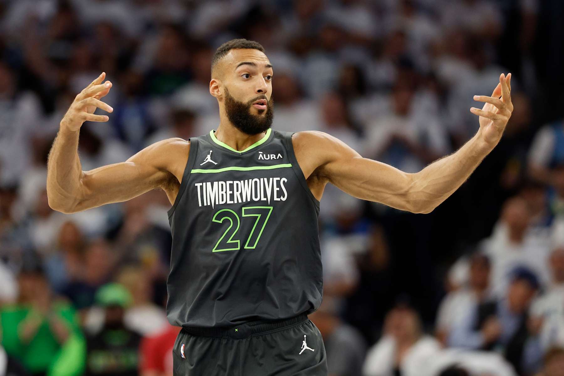 MINNEAPOLIS, MINNESOTA - MAY 30: Rudy Gobert #27 of the Minnesota Timberwolves reacts to a foul during the first quarter against the Dallas Mavericks in Game Five of the Western Conference Finals at Target Center on May 30, 2024 in Minneapolis, Minnesota. NOTE TO USER: User expressly acknowledges and agrees that, by downloading and or using this photograph, User is consenting to the terms and conditions of the Getty Images License Agreement. (Photo by David Berding/Getty Images) MINNEAPOLIS, MINNESOTA - MAY 30: Rudy Gobert #27 of the Minnesota Timberwolves reacts to a foul during the first quarter against the Dallas Mavericks in Game Five of the Western Conference Finals at Target Center on May 30, 2024 in Minneapolis, Minnesota. NOTE TO USER: User expressly acknowledges and agrees that, by downloading and or using this photograph, User is consenting to the terms and conditions of the Getty Images License Agreement. (Photo by David Berding/Getty Images)