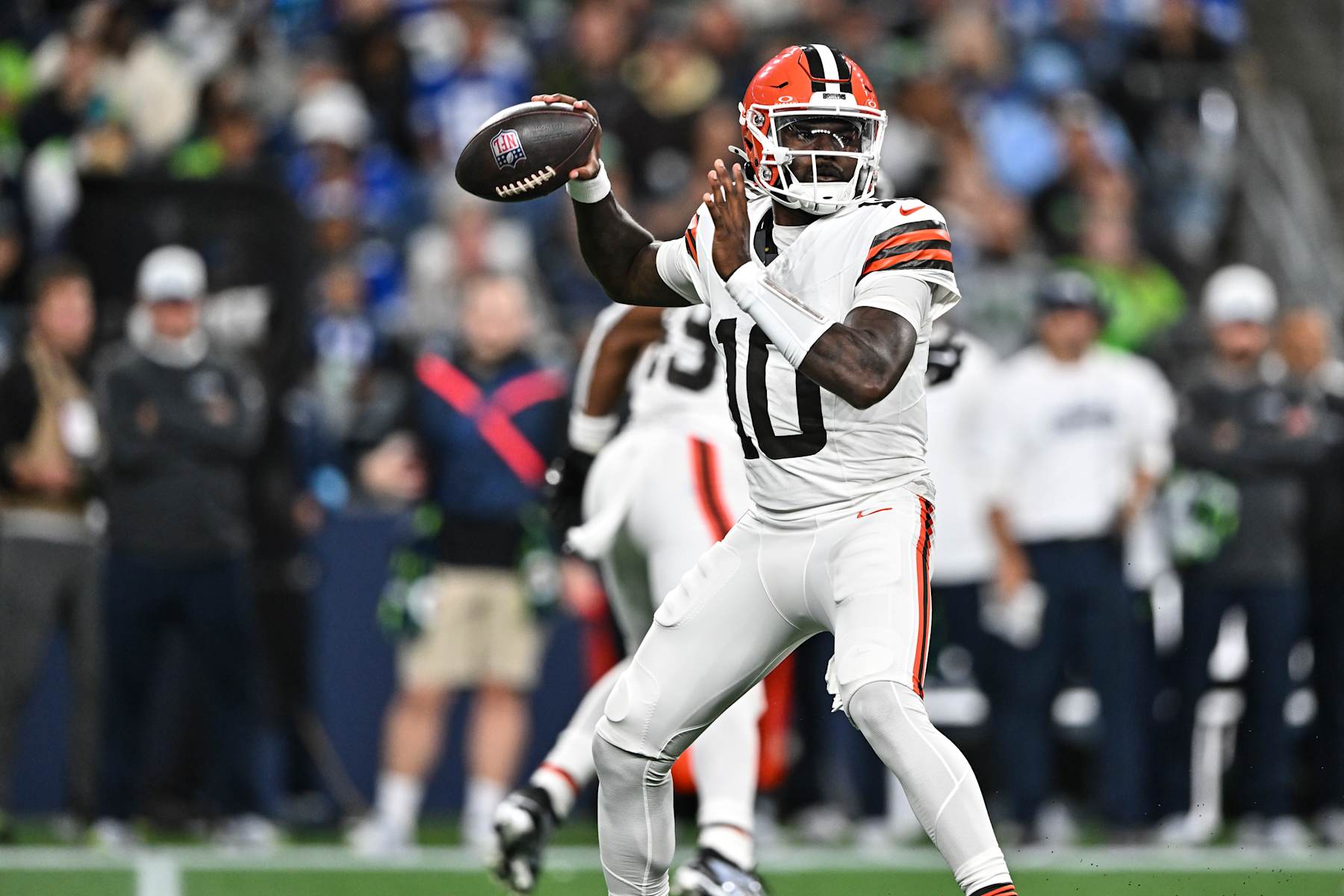 SEATTLE, WASHINGTON - AUGUST 24: Tyler Huntley #10 of the Cleveland Browns throws the ball during an NFL preseason football game against the Seattle Seahawks at Lumen Field on August 24, 2024 in Seattle, Washington. The Seahawks defeated the Browns 37-33. (Photo by Alika Jenner/Getty Images)
