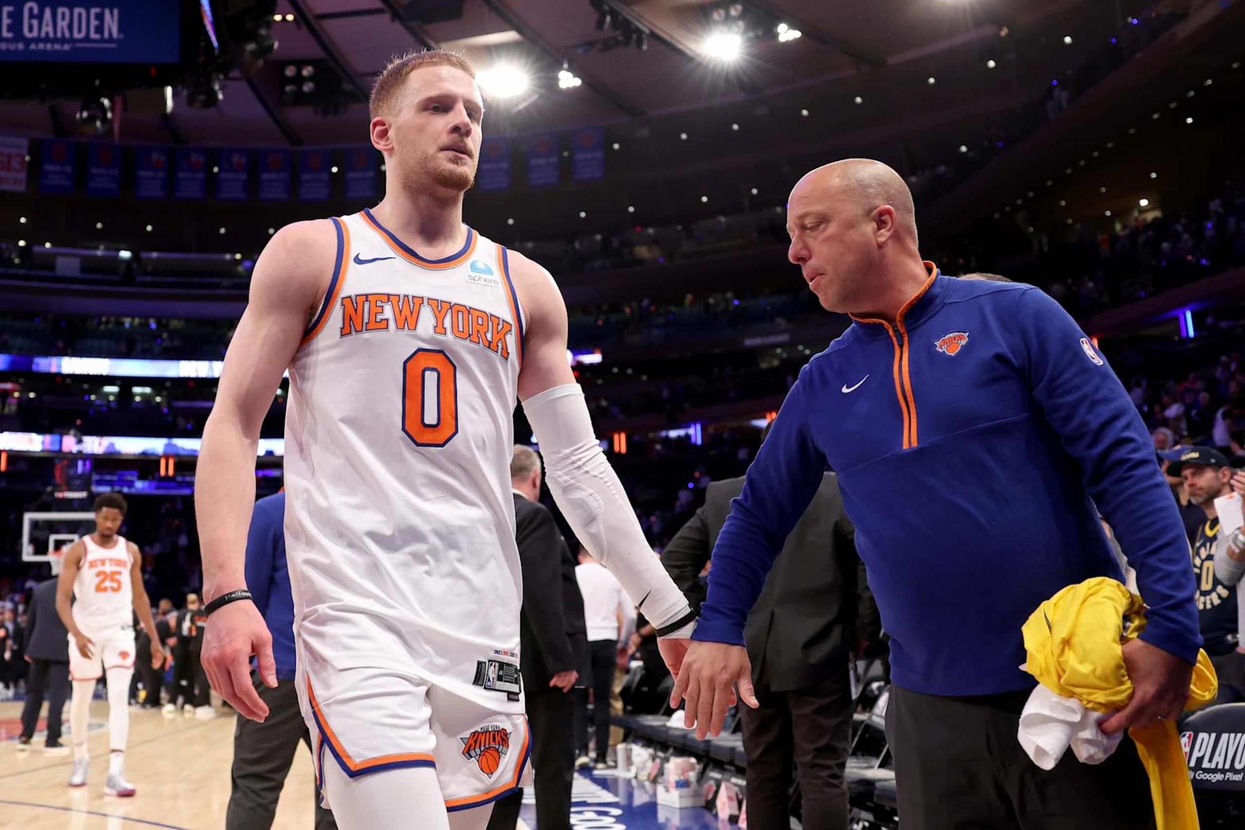 NEW YORK, NEW YORK - MAY 19: Donte DiVincenzo #0 of the New York Knicks walks off the court after losing to the Indiana Pacers 130-109 in Game Seven of the Eastern Conference Second Round Playoffs at Madison Square Garden on May 19, 2024 in New York City. NOTE TO USER: User expressly acknowledges and agrees that, by downloading and or using this photograph, User is consenting to the terms and conditions of the Getty Images License Agreement. (Photo by Elsa/Getty Images)