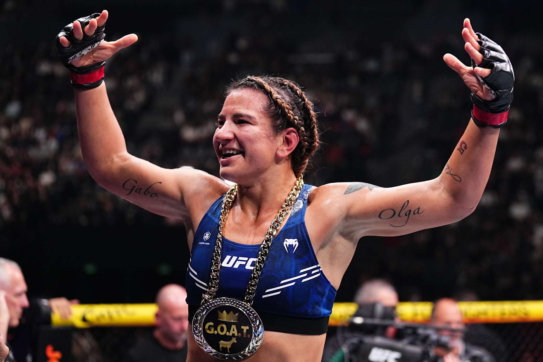 PARIS, FRANCE - SEPTEMBER 28: Ailin Perez of Argentina reacts after a submission victory against Daria Zhelezniakova of Russia in a bantamweight fight during the UFC Fight Night event at The Accor Arena on September 28, 2024 in Paris, France. (Photo by Chris Unger/Zuffa LLC)