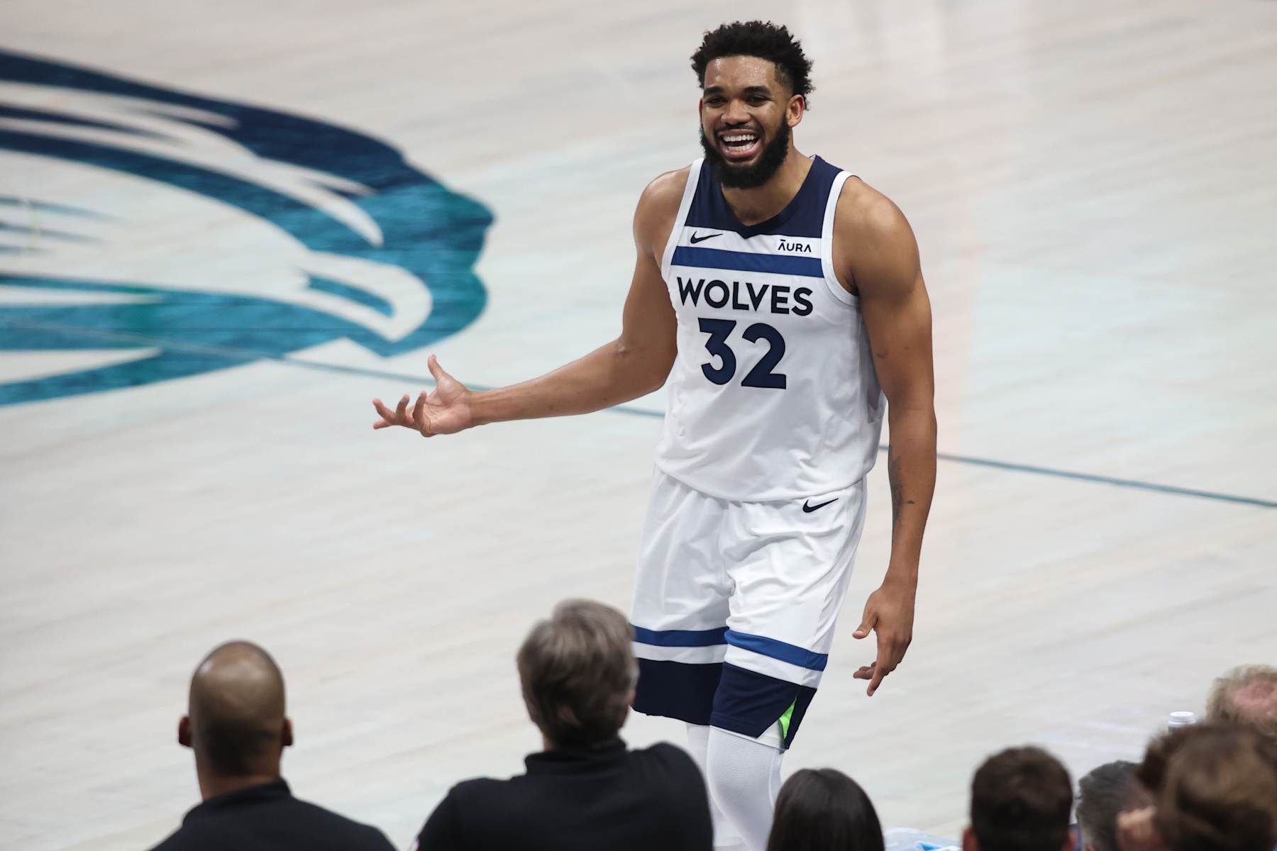 DALLAS, TEXAS - MAY 28:  Karl-Anthony Towns #32 of the Minnesota Timberwolves reacts during the fourth quarter against the Dallas Mavericks in Game Four of the Western Conference Finals at American Airlines Center on May 28, 2024 in Dallas, Texas. NOTE TO USER: User expressly acknowledges and agrees that, by downloading and or using this photograph, User is consenting to the terms and conditions of the Getty Images License Agreement. (Photo by Tim Heitman/Getty Images)
