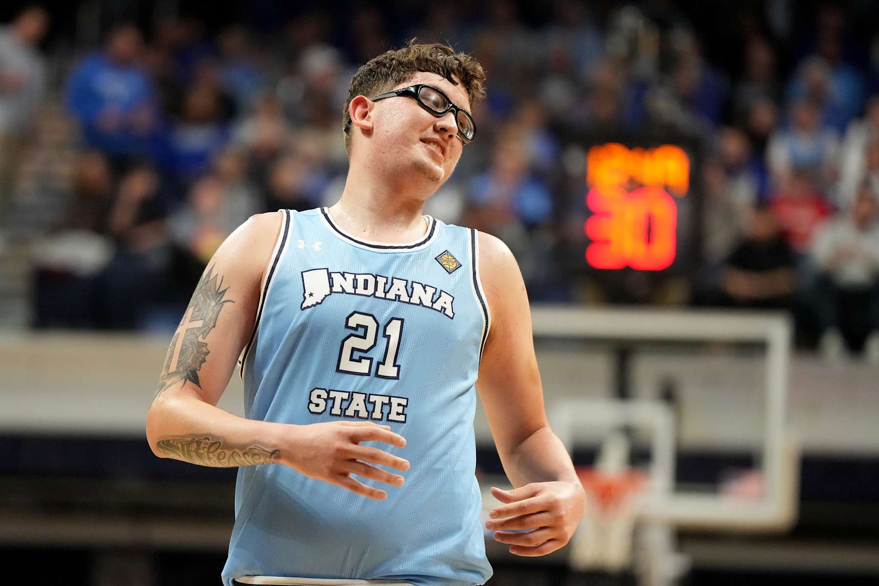 INDIANAPOLIS, INDIANA - APRIL 04:  Robbie Avila #21 of the Indiana State Sycamores looks on during the NIT Final college basketball game against the against the Seton Hall Pirates at Hinkle Fieldhouse on April 4, 2024 in Indianapolis, Indiana  (Photo by Mitchell Layton/Getty Images)