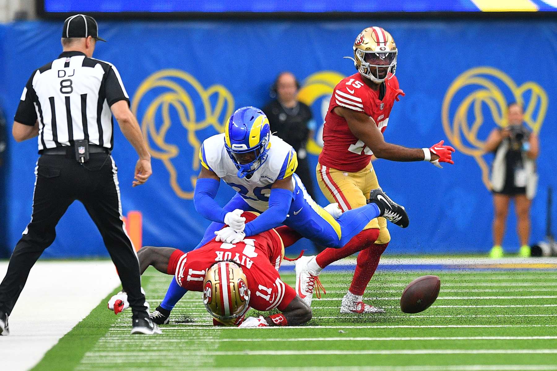 INGLEWOOD, CA - SEPTEMBER 22: San Francisco 49ers wide receiver Brandon Aiyuk (11) loses the ball in the final play of the NFL game between the San Francisco 49ers and the Los Angeles Rams on September 22, 2024, at SoFi Stadium in Inglewood, CA. (Photo by Brian Rothmuller/Icon Sportswire via Getty Images)