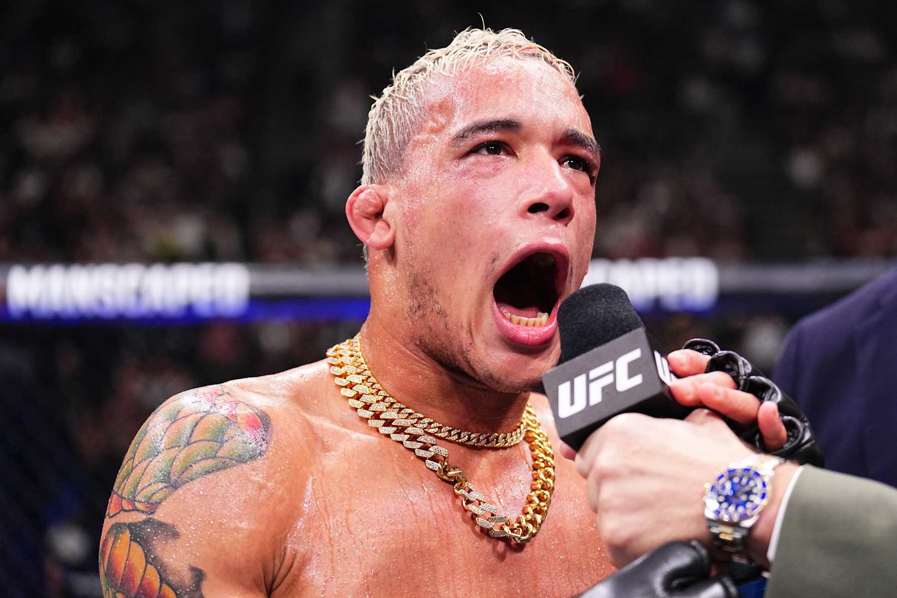 PARIS, FRANCE - SEPTEMBER 28: Bryan Battle reacts after a TKO victory against Kevin Jousset of France in a welterweight fight during the UFC Fight Night event at The Accor Arena on September 28, 2024 in Paris, France. (Photo by Chris Unger/Zuffa LLC)