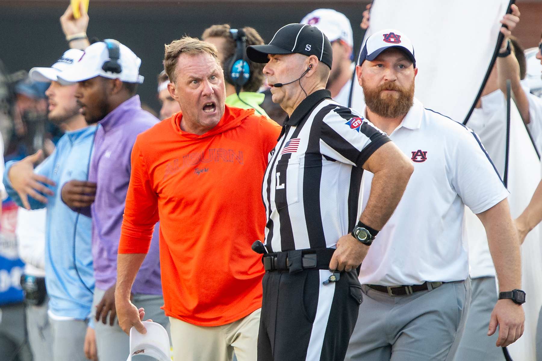 AUBURN, ALABAMA - SEPTEMBER 21: Head coach Hugh Freeze of the Auburn Tigers yells out to an official during the second half of their game against the Arkansas Razorbacks at Jordan-Hare Stadium on September 21, 2024 in Auburn, Alabama. (Photo by Michael Chang/Getty Images)