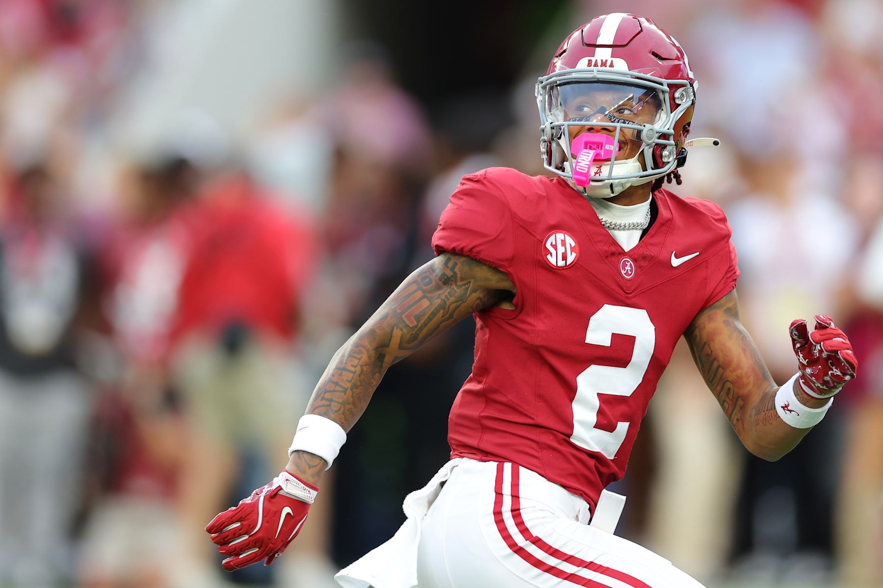 TUSCALOOSA, ALABAMA - SEPTEMBER 28: Ryan Williams #2 of the Alabama Crimson Tide warms up before the game against the Georgia Bulldogs at Bryant-Denny Stadium on September 28, 2024 in Tuscaloosa, Alabama. (Photo by Kevin C. Cox/Getty Images)