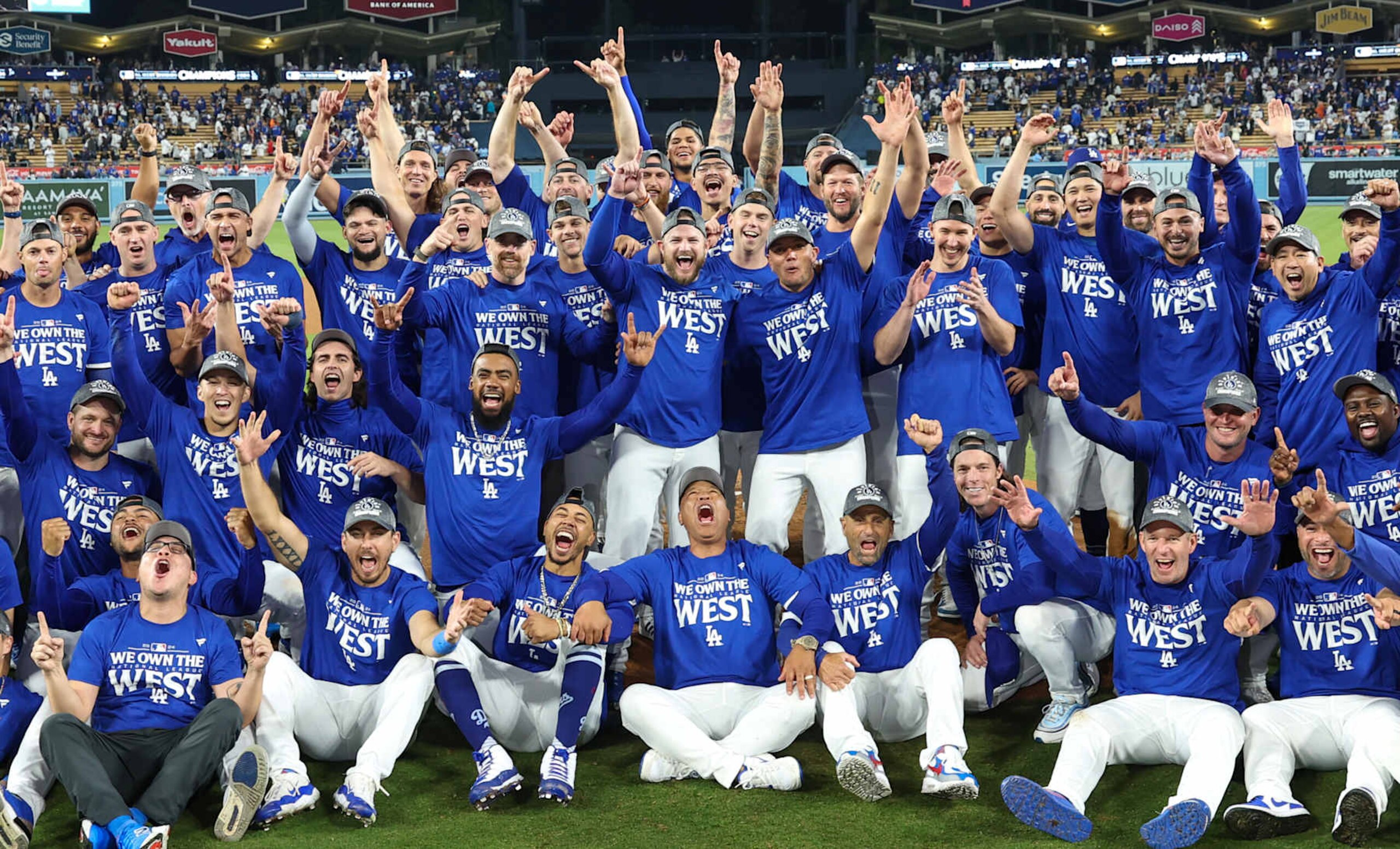 Los Angeles, CA, Thursday, September 26, 2024 - The LA Dodgers celebrate winning the National League West title after beating the Padres 7-2 at Dodger Stadium. (Robert Gauthier/Los Angeles Times via Getty Images)