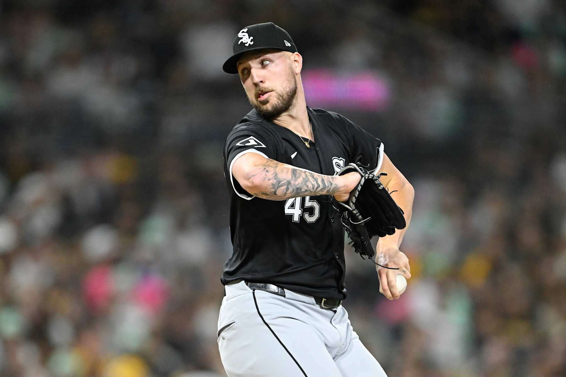 SAN DIEGO, CA - SEPTEMBER 20: Garrett Crochet #45 of the Chicago White Sox pitches during a baseball game against the San Diego Padres, September 20, 2024 at Petco Park in San Diego, California. (Photo by Denis Poroy/Getty Images)