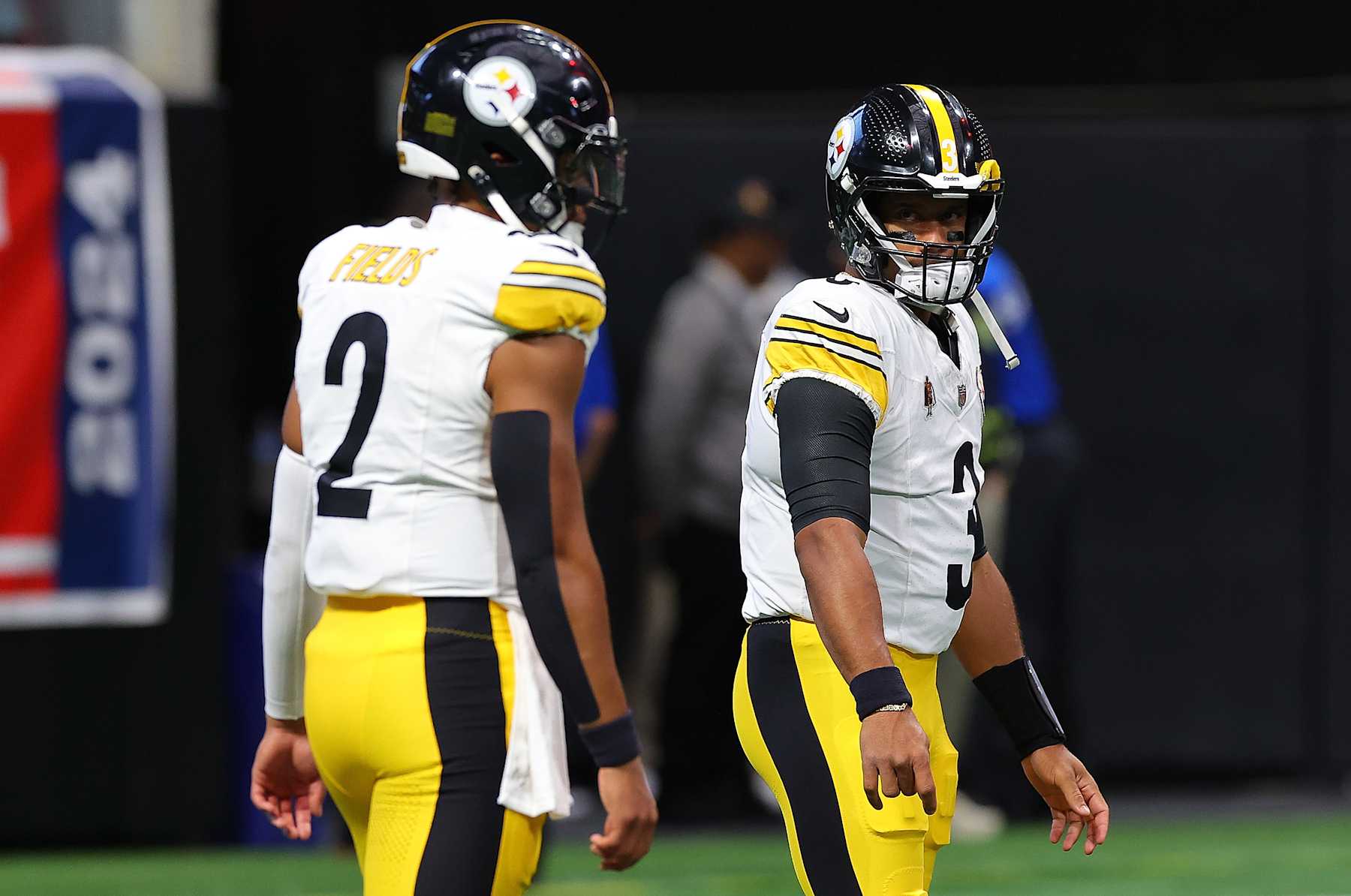 ATLANTA, GEORGIA - SEPTEMBER 08:  Russell Wilson #3 of the Pittsburgh Steelers warms up with Justin Fields #2 prior to facing the Atlanta Falcons at Mercedes-Benz Stadium on September 08, 2024 in Atlanta, Georgia. (Photo by Kevin C. Cox/Getty Images)