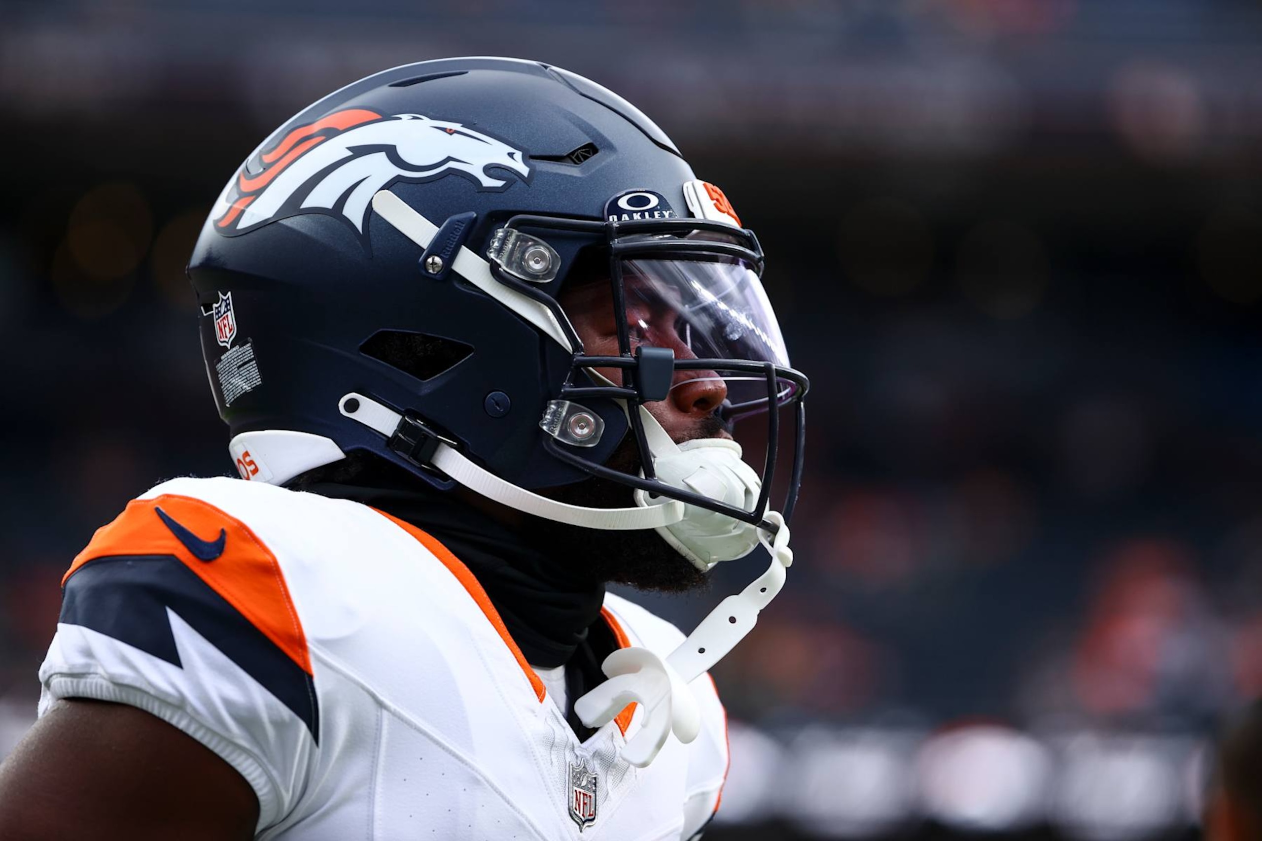 DENVER, COLORADO - AUGUST 18: Tyler Badie #36 of the Denver Broncos looks on during warmups before the preseason game against the Green Bay Packers at Empower Field At Mile High on August 18, 2024 in Denver, Colorado. (Photo by Tyler Schank/Getty Images)
