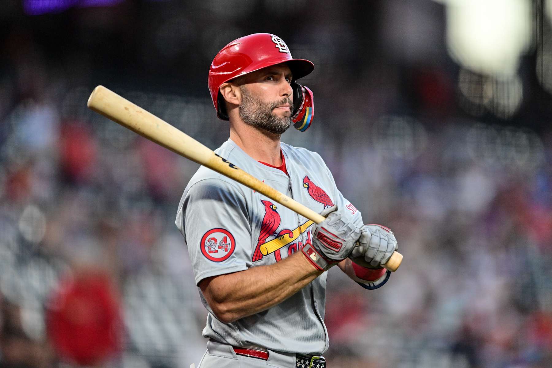 DENVER, CO - SEPTEMBER 24: St. Louis Cardinals first baseman Paul Goldschmidt (46) walks to the plate in the first inning during a game between the St. Louis Cardinals and the Colorado Rockies at Coors Field on September 24, 2024 in Denver, Colorado. (Photo by Dustin Bradford/Icon Sportswire via Getty Images)