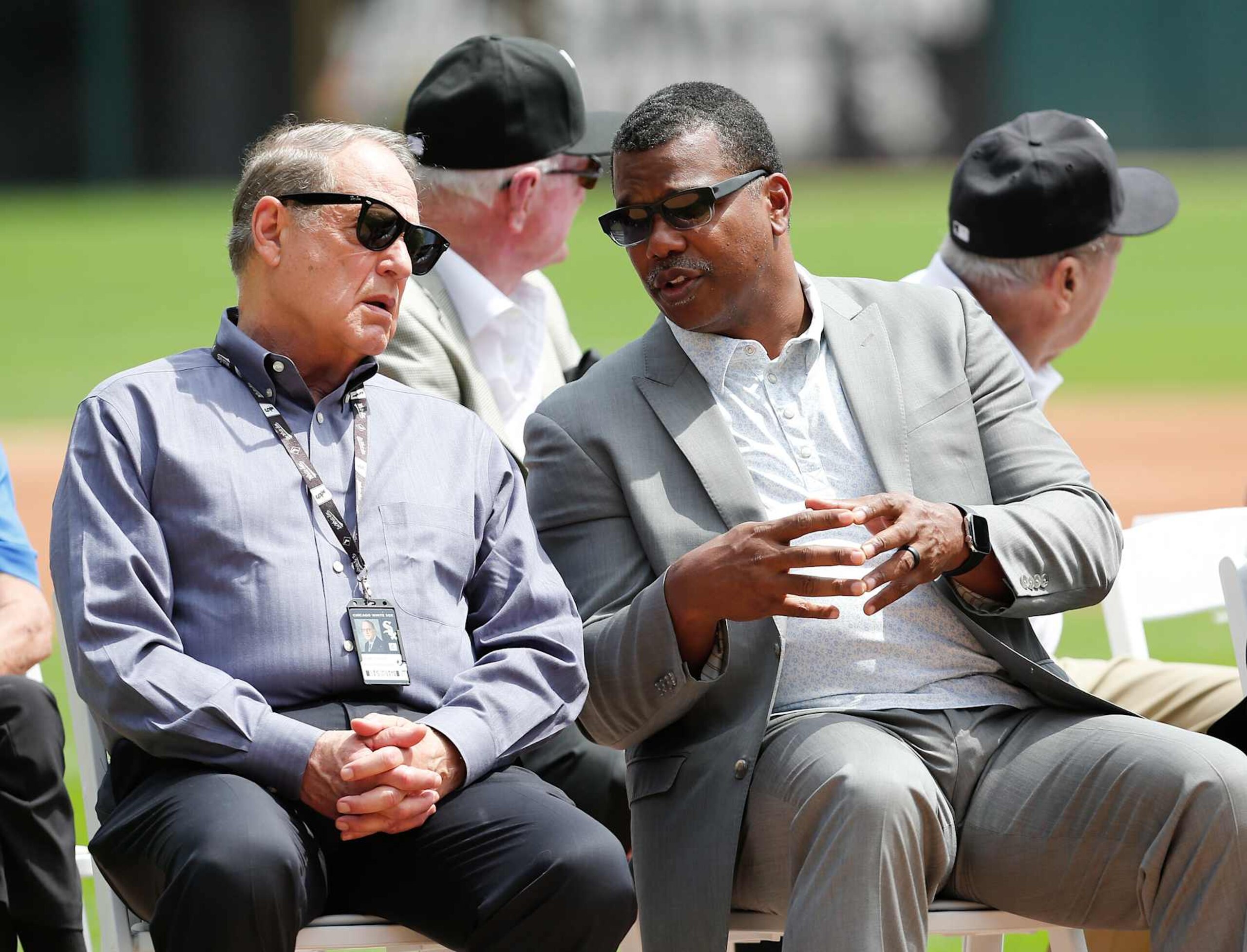 CHICAGO, ILLINOIS - AUGUST 11: Chicago White Sox White Sox Chairman Jerry Reinsdorf speaks with Executive Vice President Kenny Williams during a ceremony honoring Harold Baines prior to a game between the Chicago White Sox and the Oakland Athletics at Guaranteed Rate Field on August 11, 2019 in Chicago, Illinois. (Photo by Nuccio DiNuzzo/Getty Images) at Guaranteed Rate Field on August 11, 2019 in Chicago, Illinois. (Photo by Nuccio DiNuzzo/Getty Images)